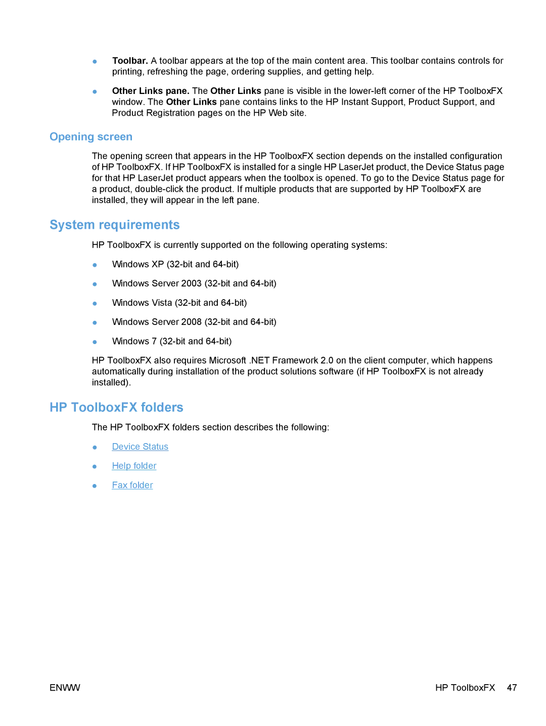 HP M1136, M1217nfw, M1216nfh, M1213nf manual System requirements, HP ToolboxFX folders, Opening screen 