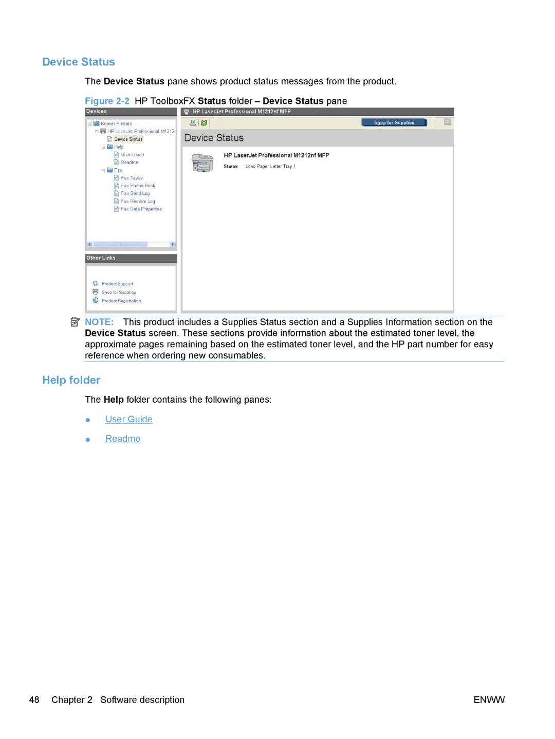 HP M1217nfw, M1216nfh, M1213nf, M1136 manual Device Status, Help folder 