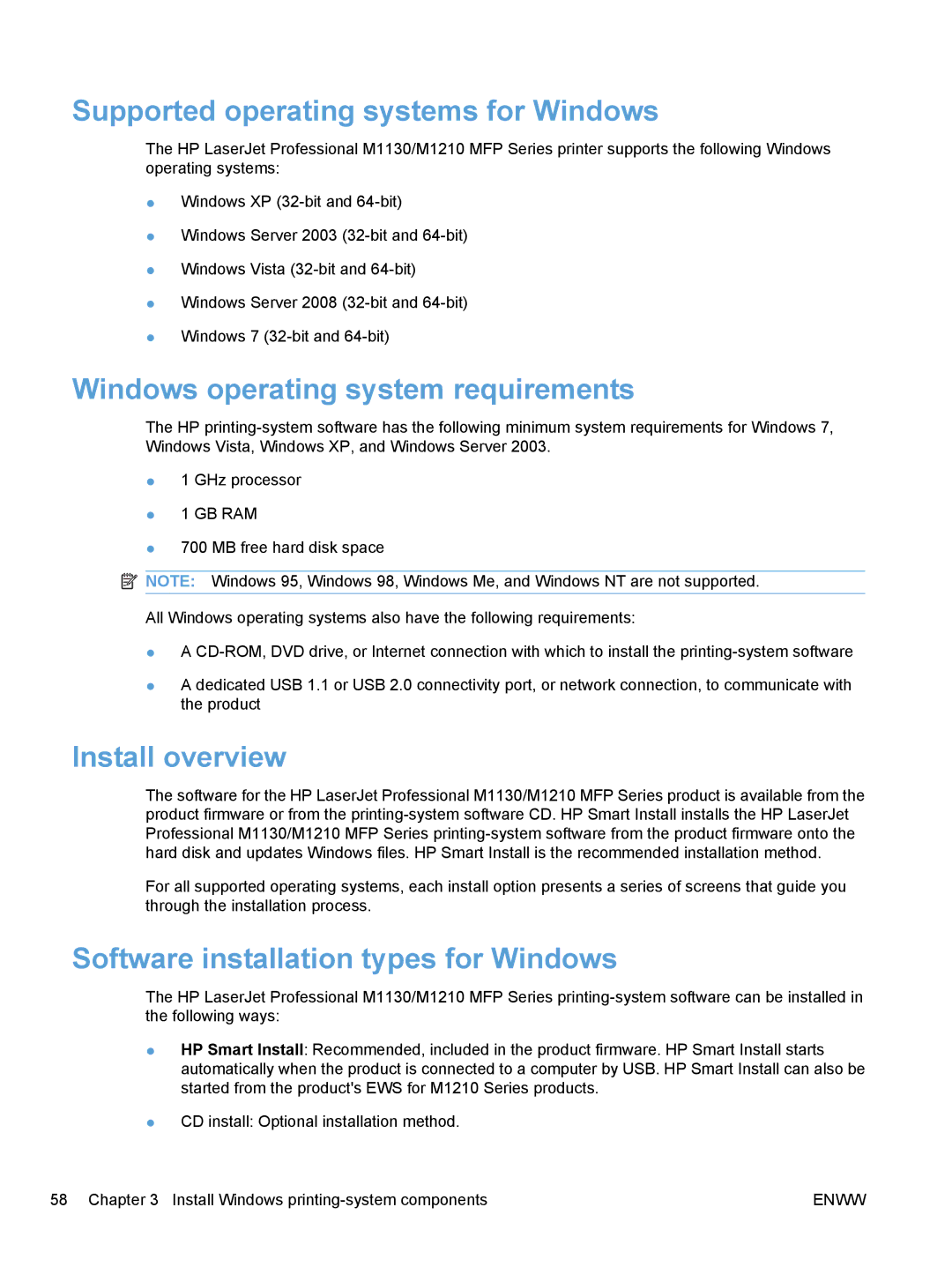 HP M1213nf, M1217nfw manual Supported operating systems for Windows, Windows operating system requirements, Install overview 