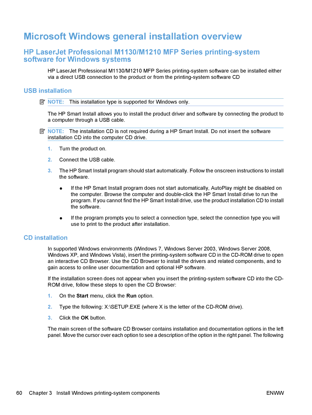 HP M1217nfw, M1216nfh, M1213nf, M1136 Microsoft Windows general installation overview, USB installation, CD installation 