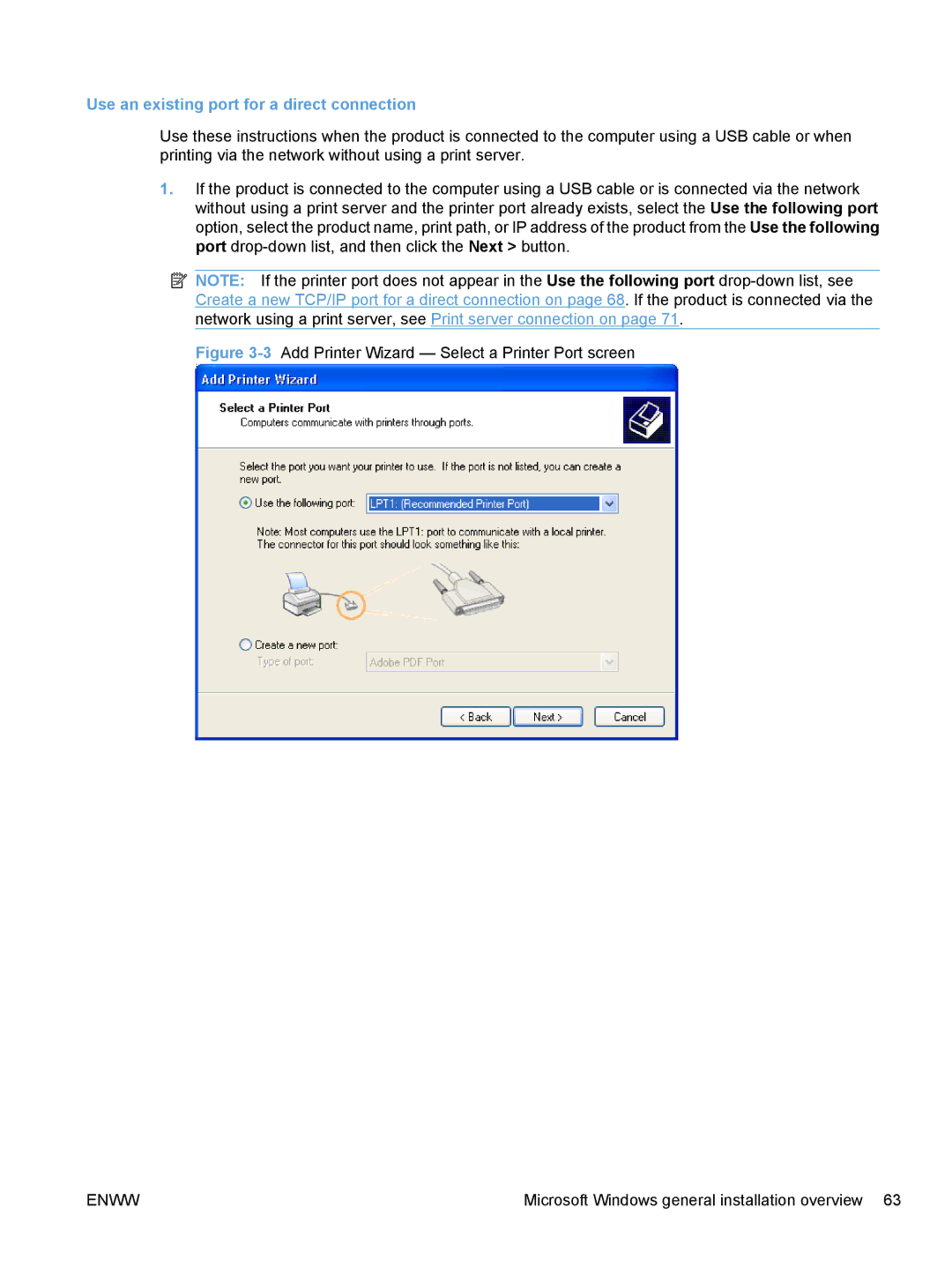 HP M1136, M1217nfw, M1216nfh Use an existing port for a direct connection, 3Add Printer Wizard Select a Printer Port screen 