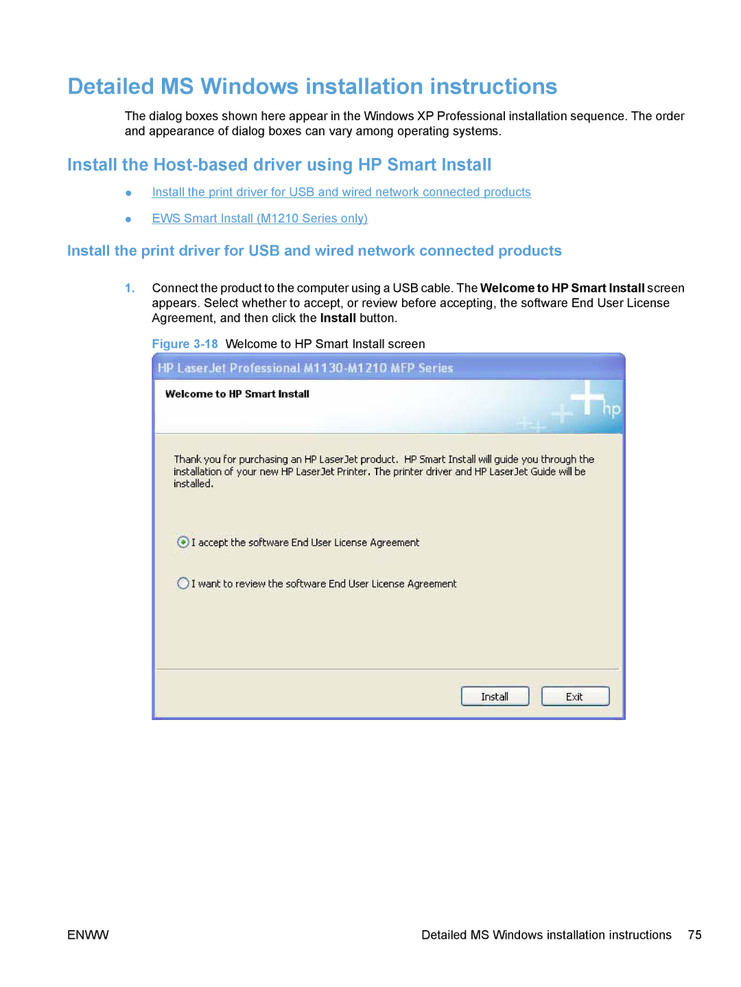 HP M1136, M1217nfw Detailed MS Windows installation instructions, Install the Host-based driver using HP Smart Install 