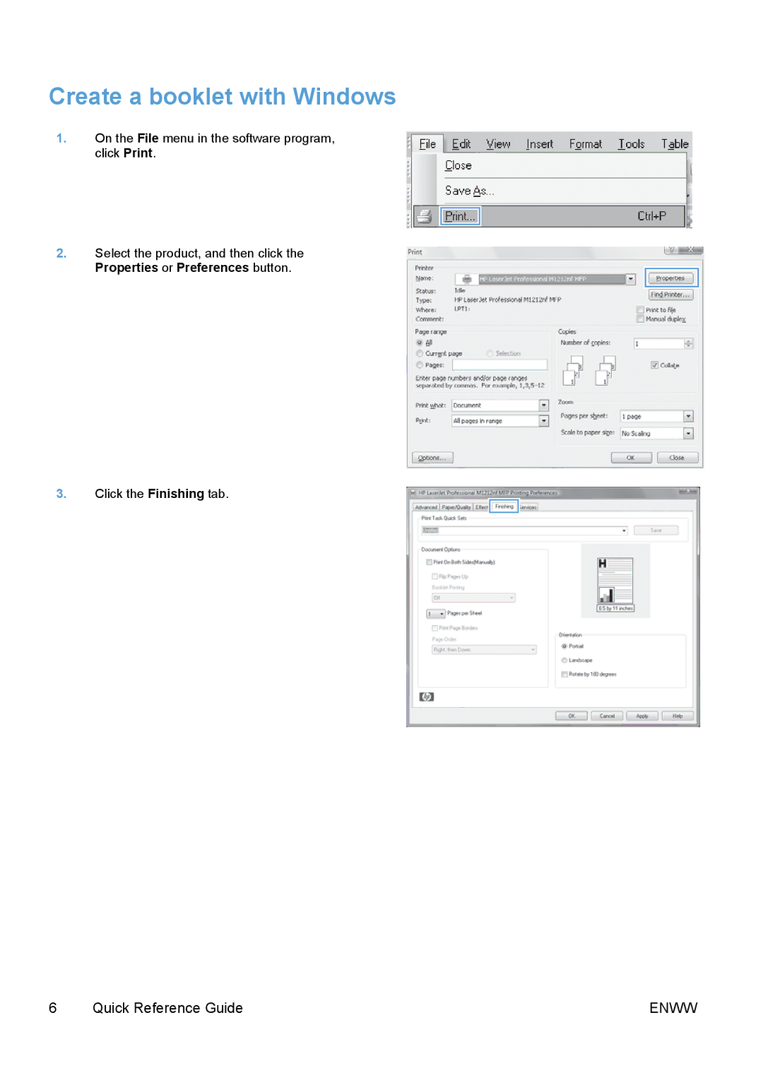 HP M1217nfw, M1216nfh, M1214nfh, M1213nf, M1136, M1132 manual Create a booklet with Windows 