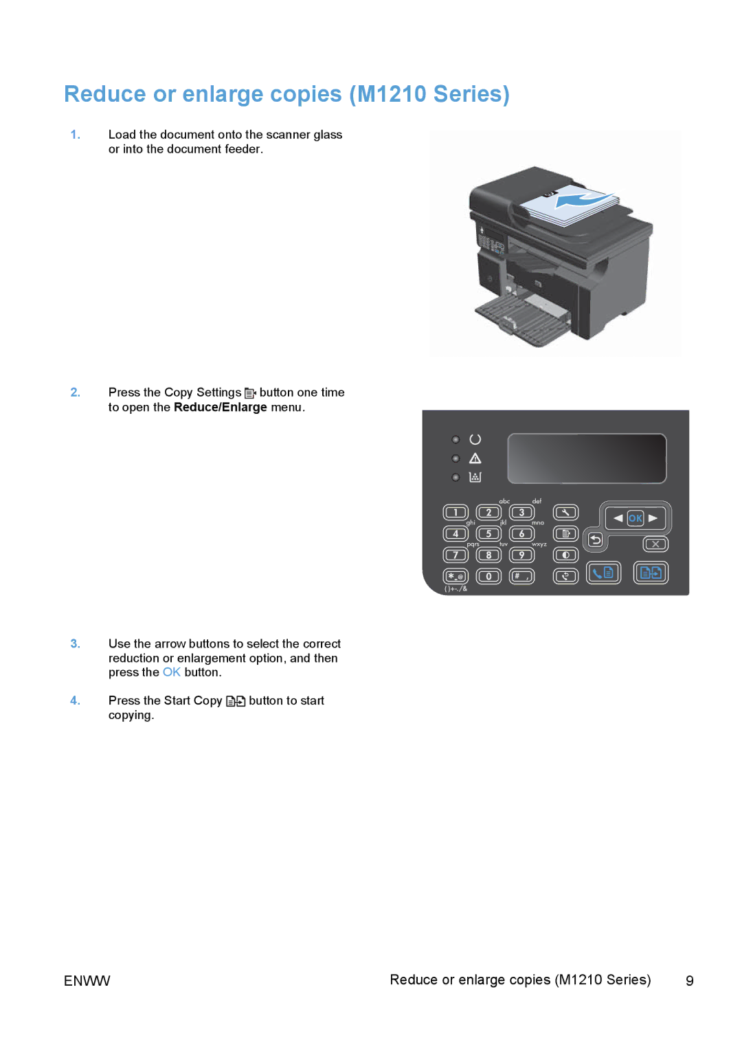 HP M1213nf, M1217nfw, M1216nfh, M1214nfh, M1136, M1132 manual Reduce or enlarge copies M1210 Series 