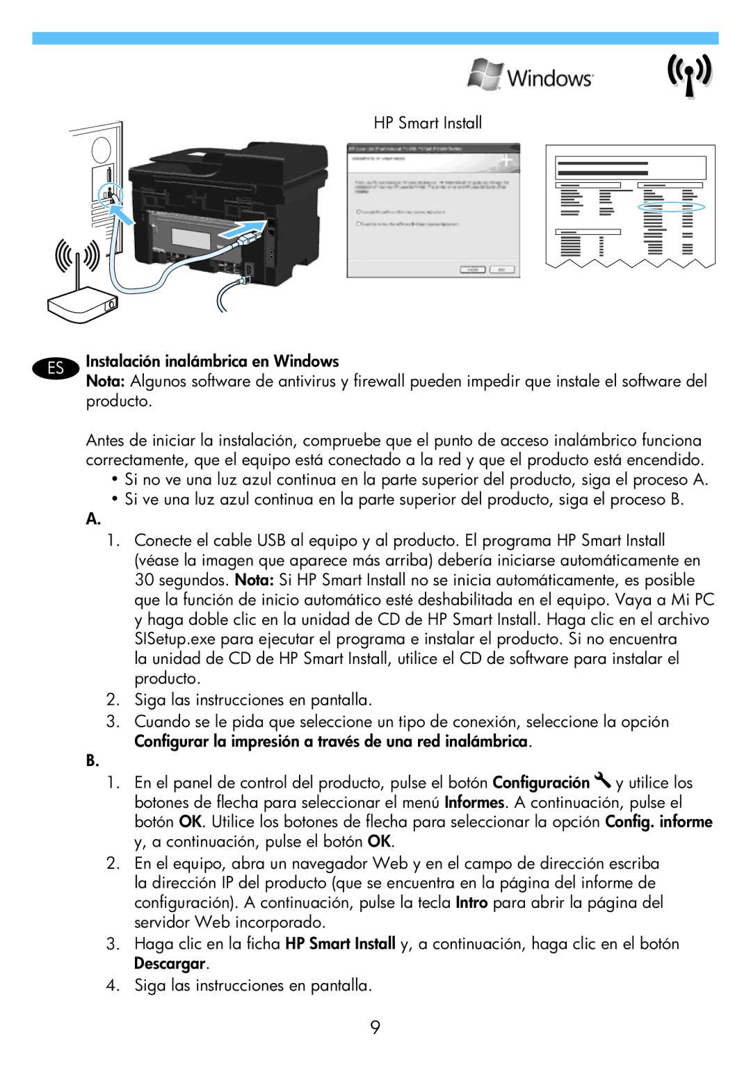 HP M1217nfw manual HP Smart Install Instalación inalámbrica en Windows, Producto 