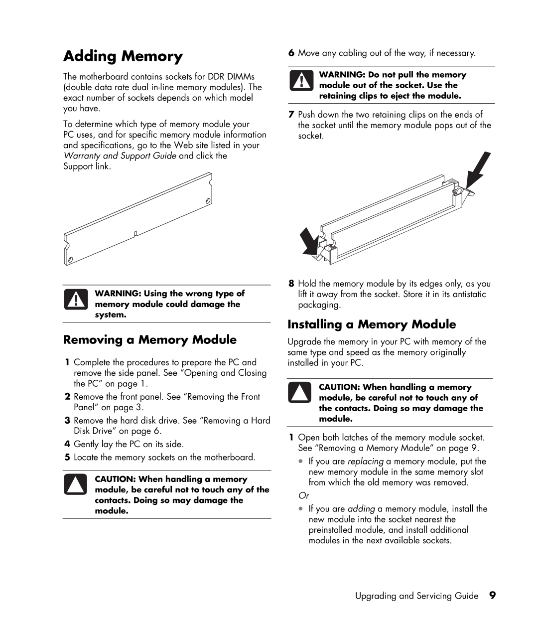 HP m1264n, m1299a, m1050y (PJ720AV), m1050e (PU061AV) Adding Memory, Removing a Memory Module, Installing a Memory Module 