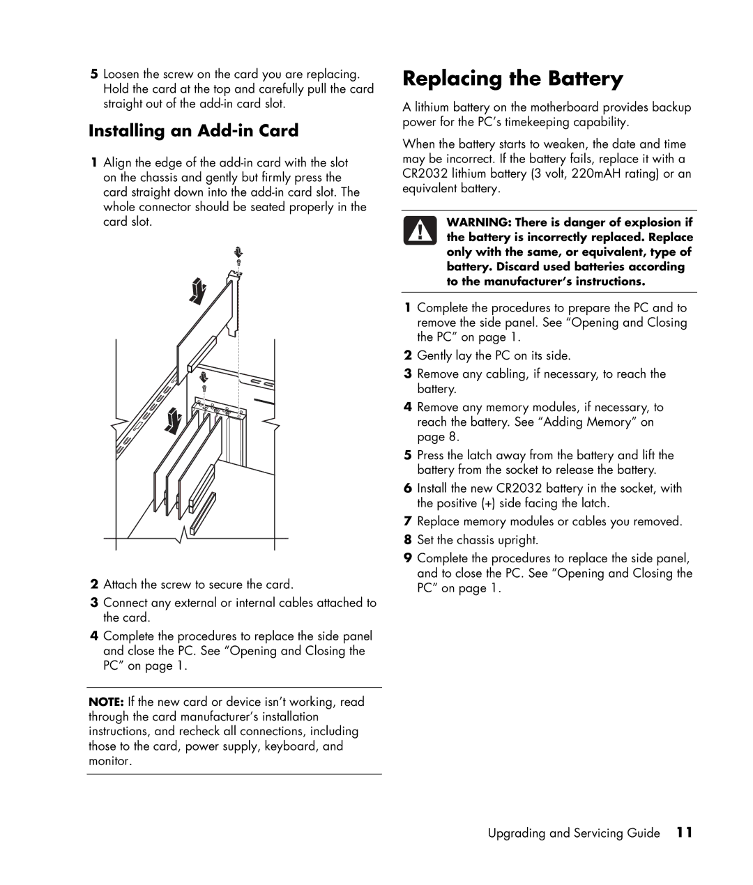 HP m1180n, m1299a, m1050y (PJ720AV), m1050e (PU061AV), m1050y (PU060AV) manual Replacing the Battery, Installing an Add-in Card 