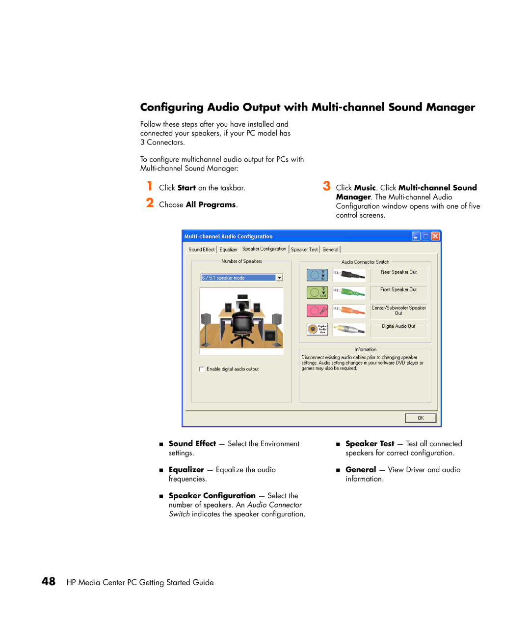 HP m1195c, m1299a manual Configuring Audio Output with Multi-channel Sound Manager, Click Music . Click Multi-channel Sound 