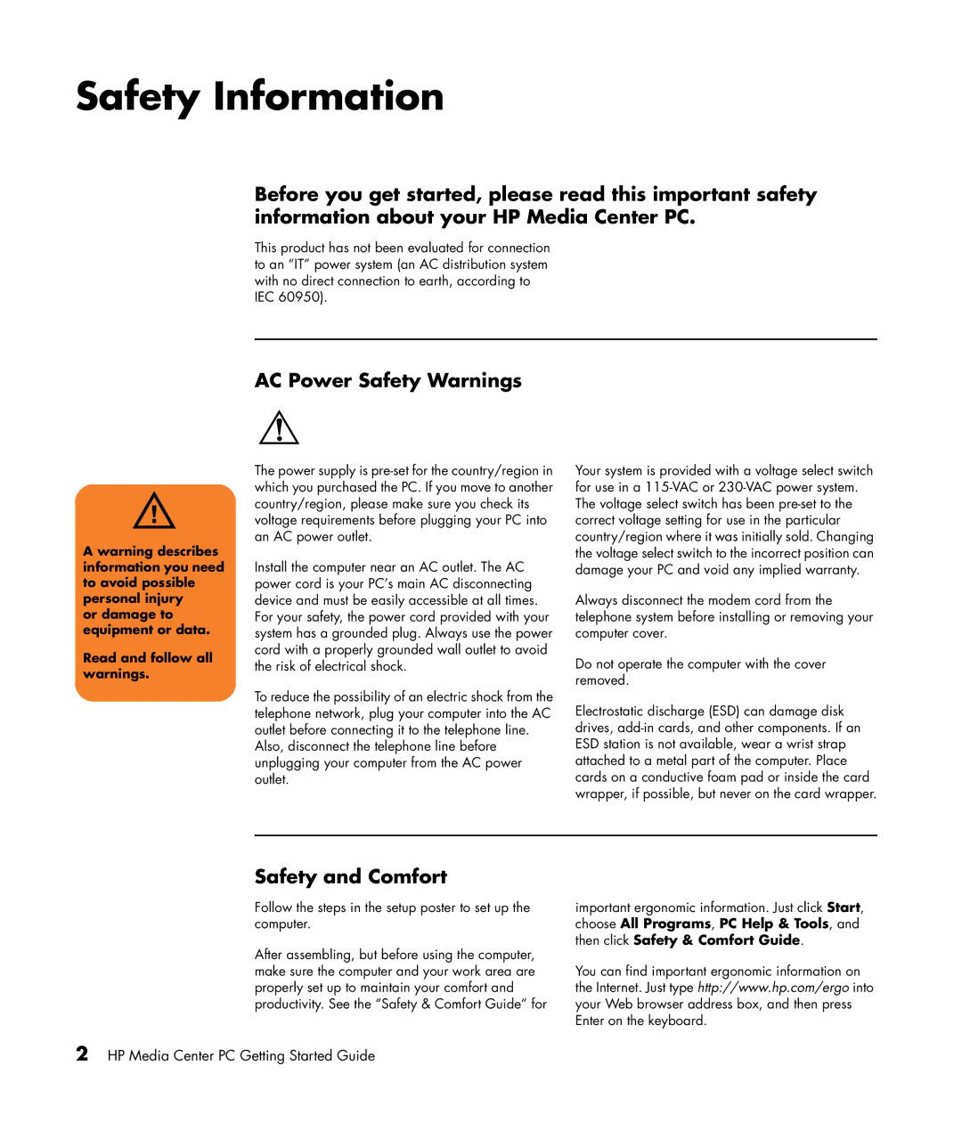 HP m1297a, m1299a, m1050y (PJ720AV), m1050e (PU061AV) manual Safety Information, AC Power Safety Warnings, Safety and Comfort 