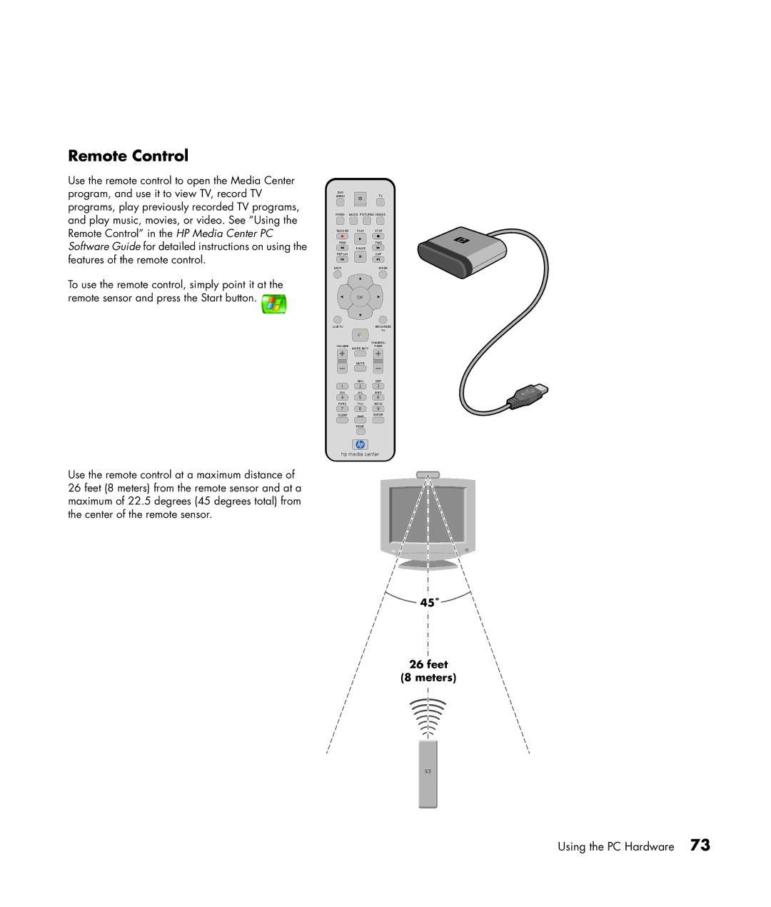 HP m1170n, m1299a, m1050y (PJ720AV), m1050e (PU061AV), m1050y (PU060AV), m1050e (PJ622AV) manual Remote Control, 45˚ Feet Meters 