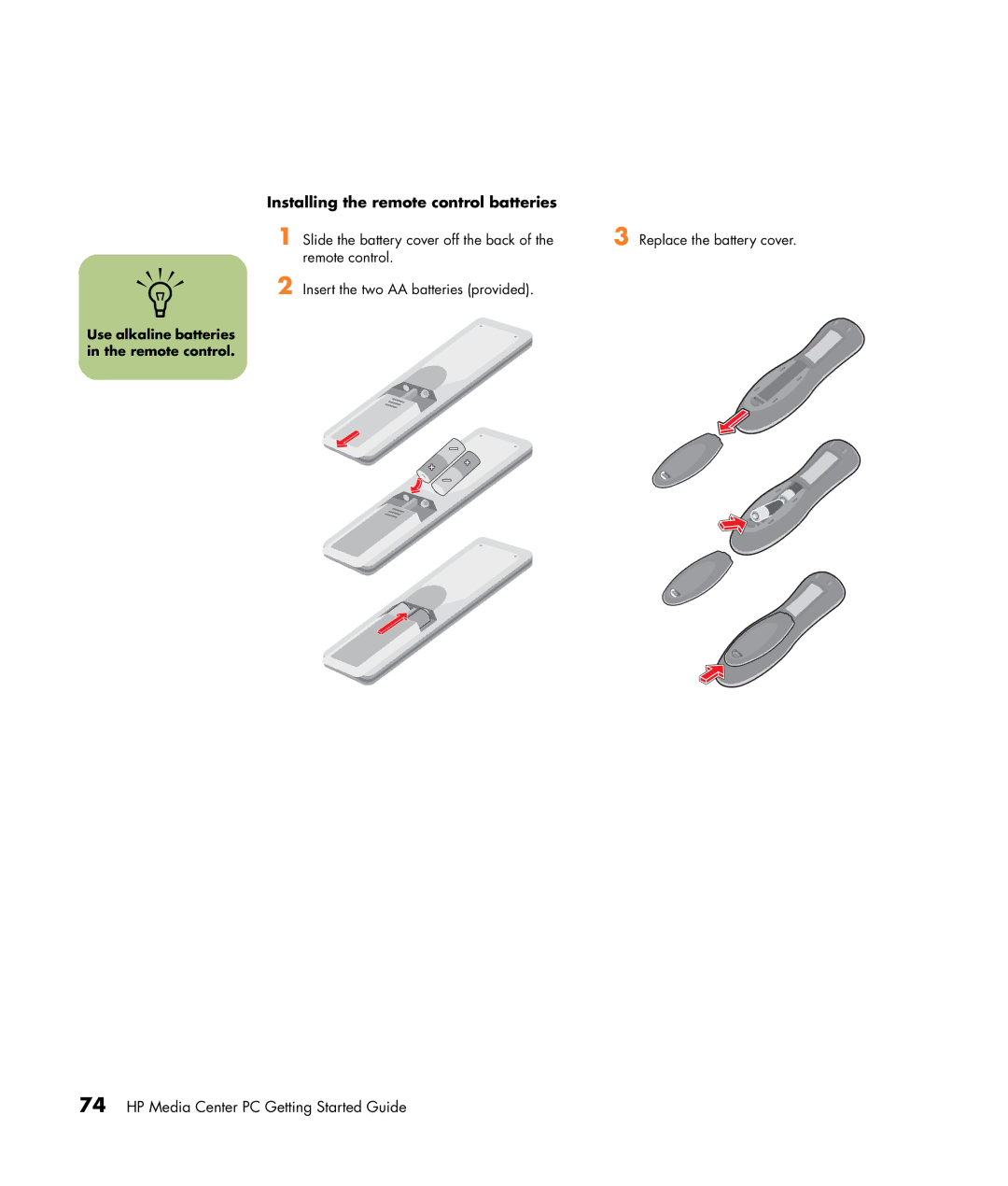 HP m1160n, m1299a, m1050y (PJ720AV) Installing the remote control batteries, Use alkaline batteries in the remote control 