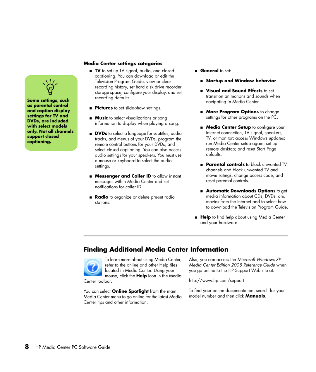 HP m1264n, m1299a, m1050y (PJ720AV), m1297c Finding Additional Media Center Information, Media Center settings categories 