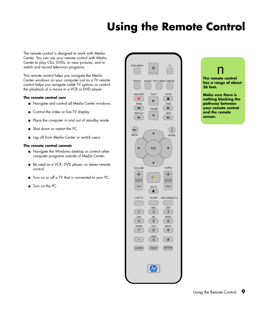 HP m1177a, m1299a, m1050y (PJ720AV), m1050e (PU061AV), m1050y (PU060AV) Using the Remote Control, Remote control cannot 