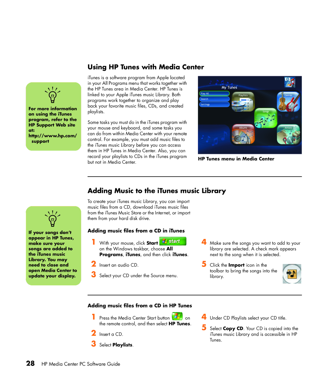 HP m1050e (PU061AV), m1299a Using HP Tunes with Media Center, Adding Music to the iTunes music Library, Select Playlists 
