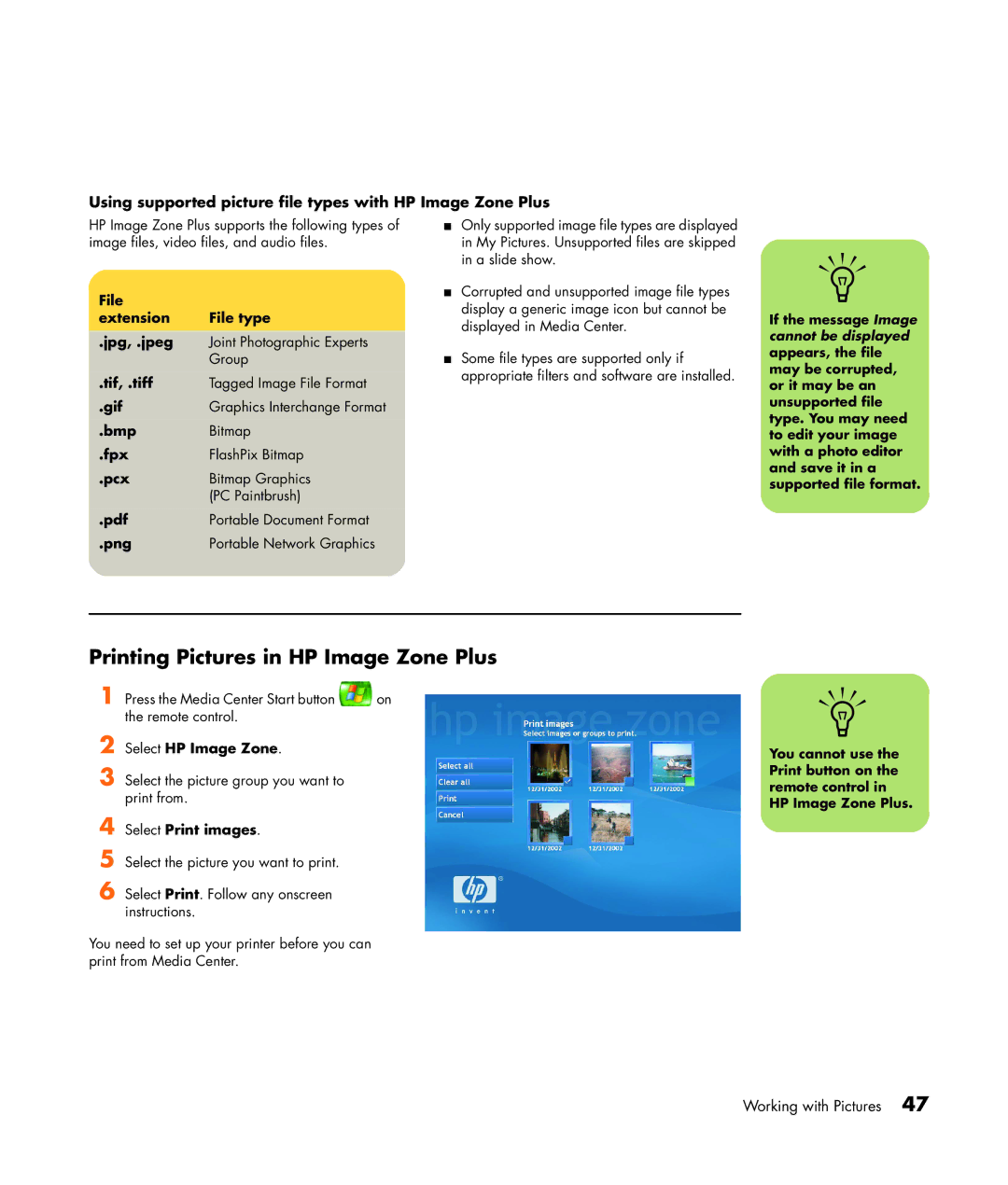 HP m1297a, m1299a manual Printing Pictures in HP Image Zone Plus, Using supported picture file types with HP Image Zone Plus 