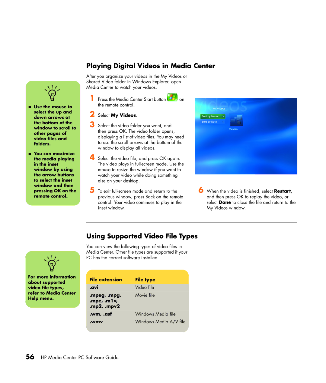 HP m1299a, m1050y (PJ720AV) Playing Digital Videos in Media Center, Using Supported Video File Types, Select My Videos 