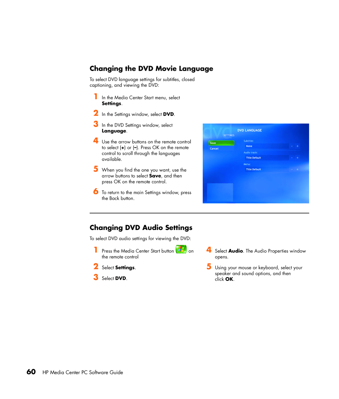 HP m1050e (PJ622AV), m1299a, m1050y (PJ720AV), m1050e (PU061AV) Changing the DVD Movie Language, Changing DVD Audio Settings 