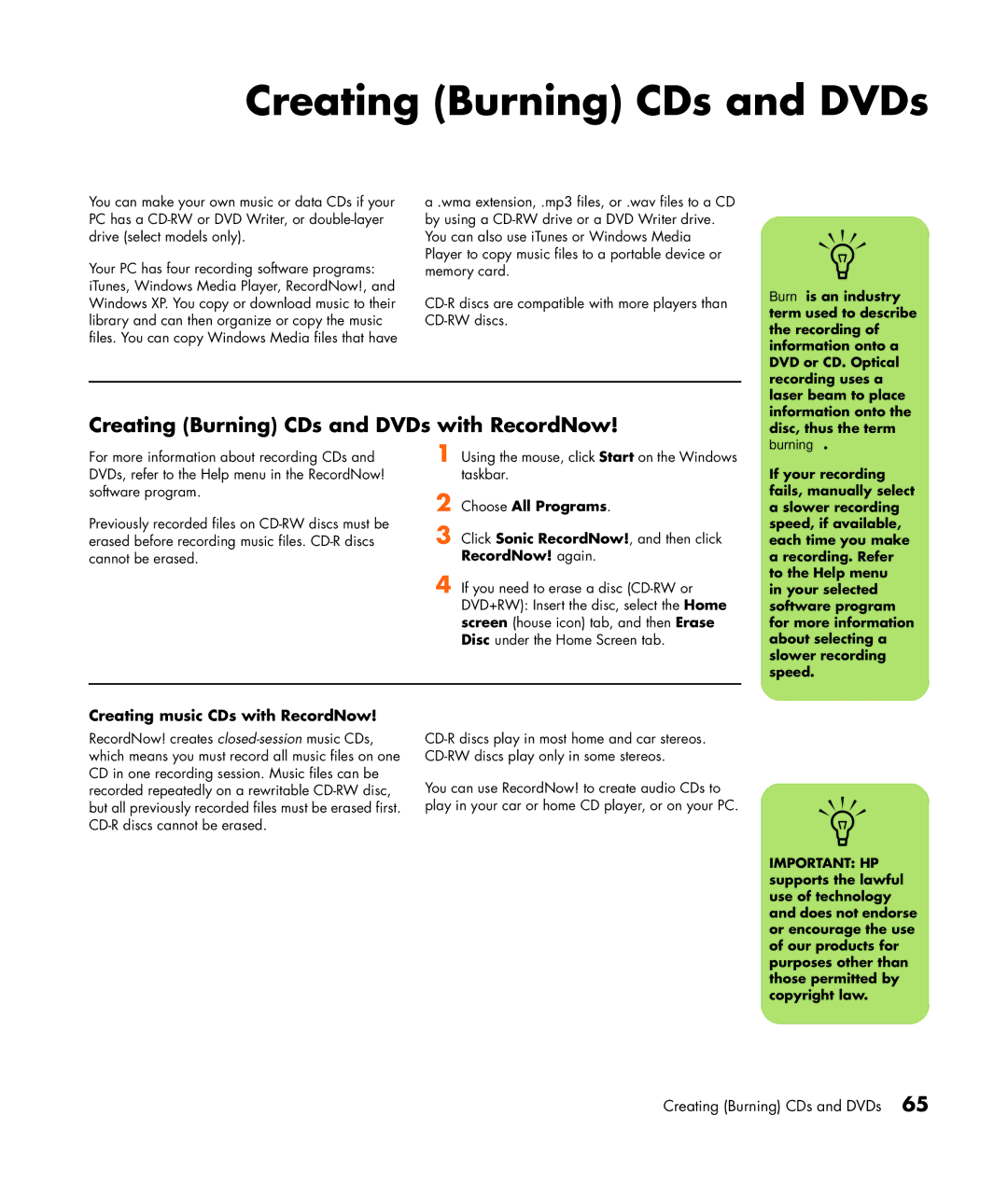 HP m1277c, m1299a Creating Burning CDs and DVDs with RecordNow, Creating music CDs with RecordNow, Disc, thus the term 