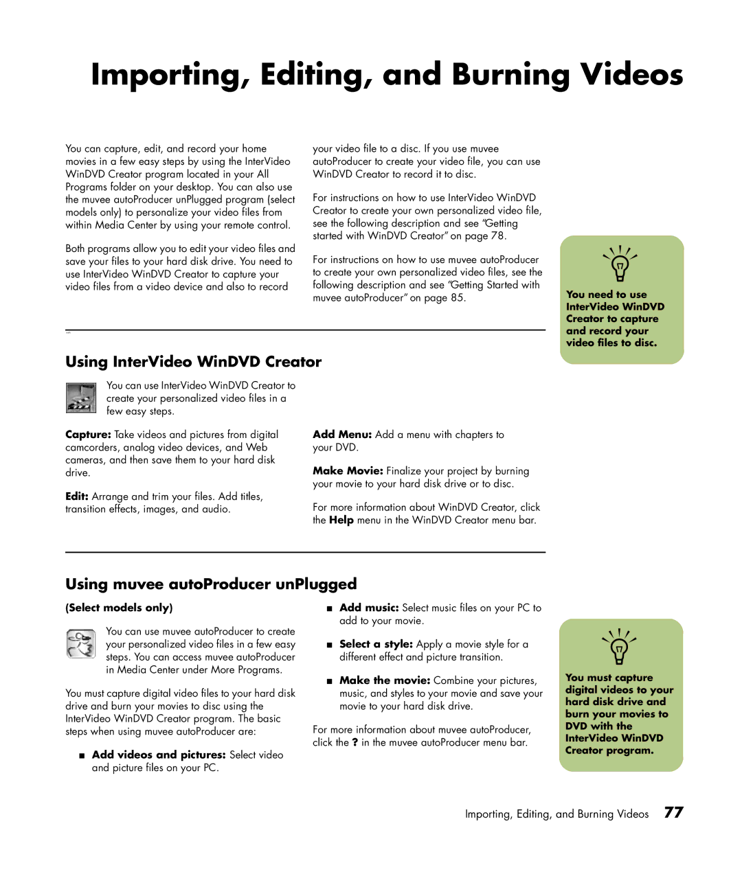 HP m1297a Importing, Editing, and Burning Videos, Using InterVideo WinDVD Creator, Using muvee autoProducer unPlugged 