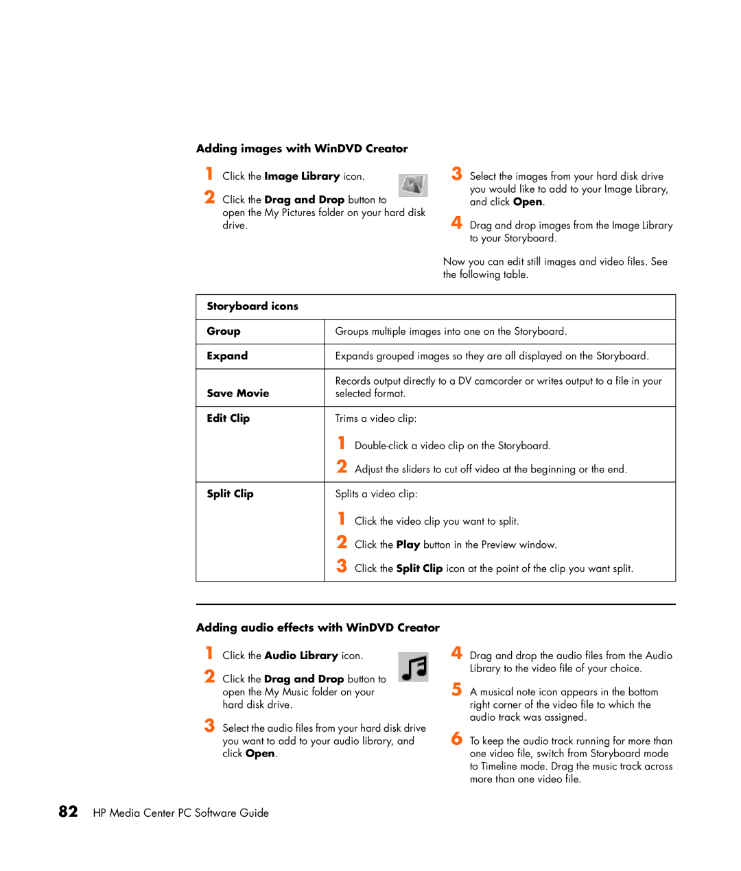 HP m1270n, m1299a, m1050y (PJ720AV), m1297c manual Adding images with WinDVD Creator, Adding audio effects with WinDVD Creator 