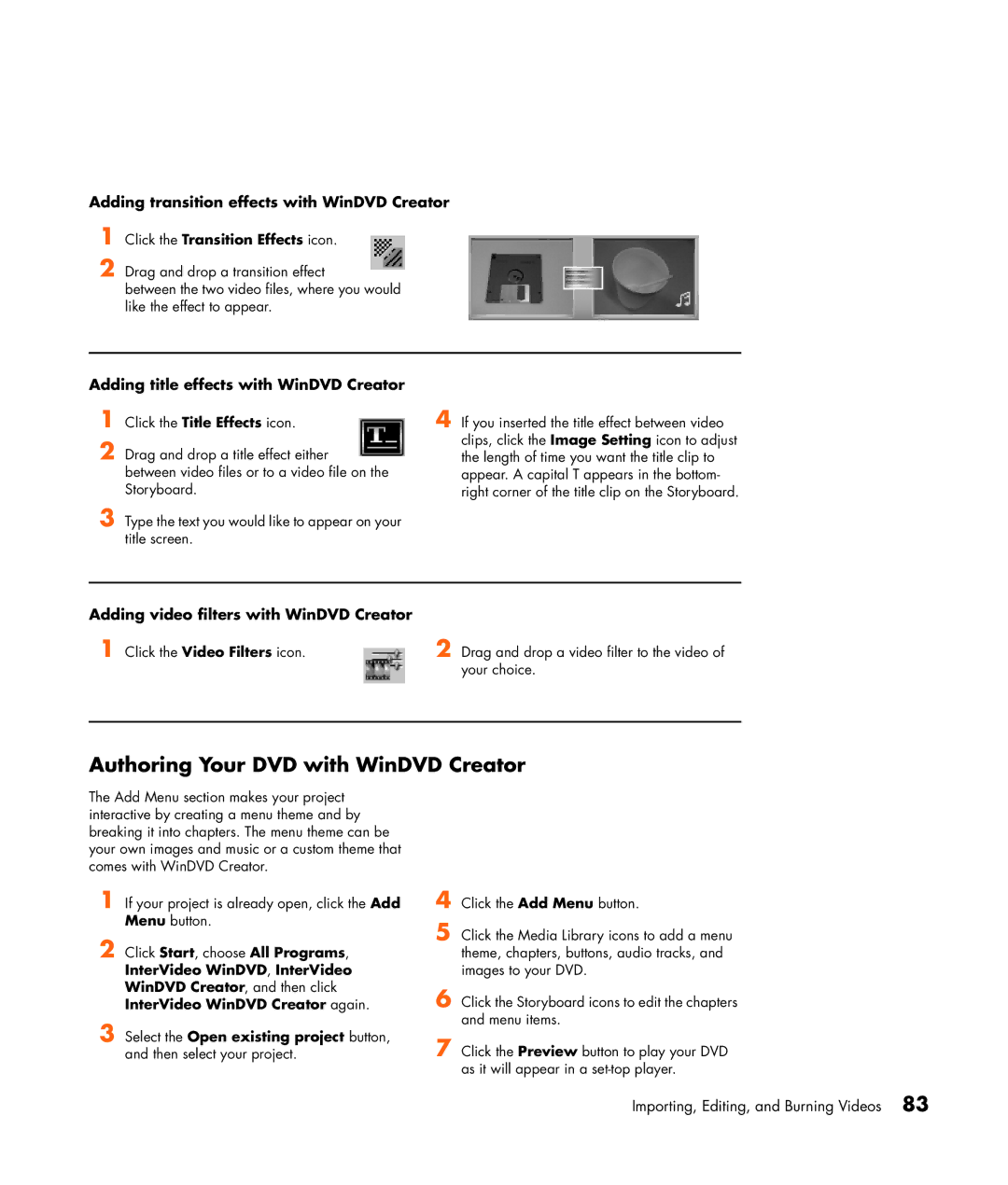 HP m1264n, m1299a, m1050y (PJ720AV) Authoring Your DVD with WinDVD Creator, Adding transition effects with WinDVD Creator 