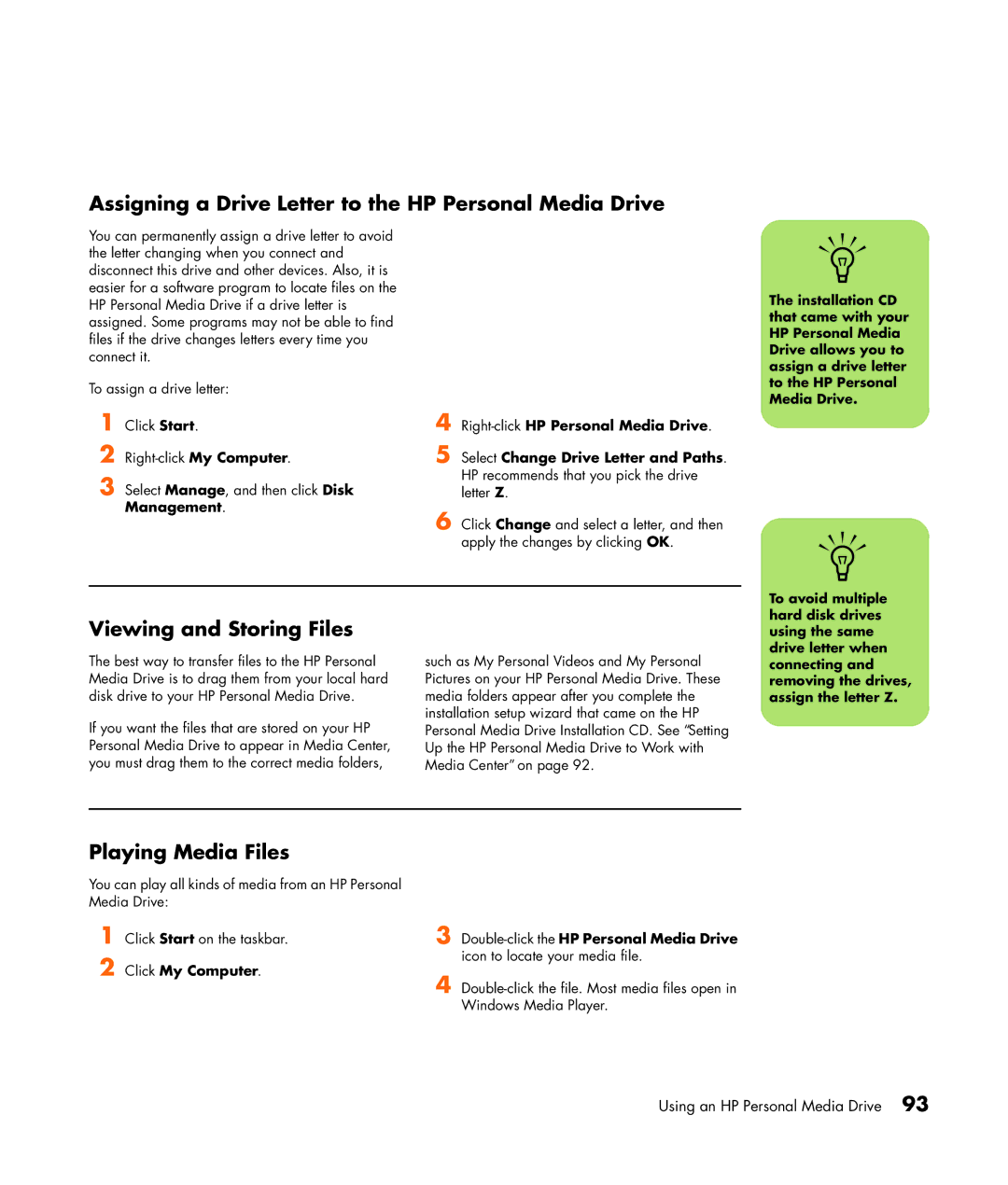 HP m1295c, m1299a Assigning a Drive Letter to the HP Personal Media Drive, Viewing and Storing Files, Playing Media Files 