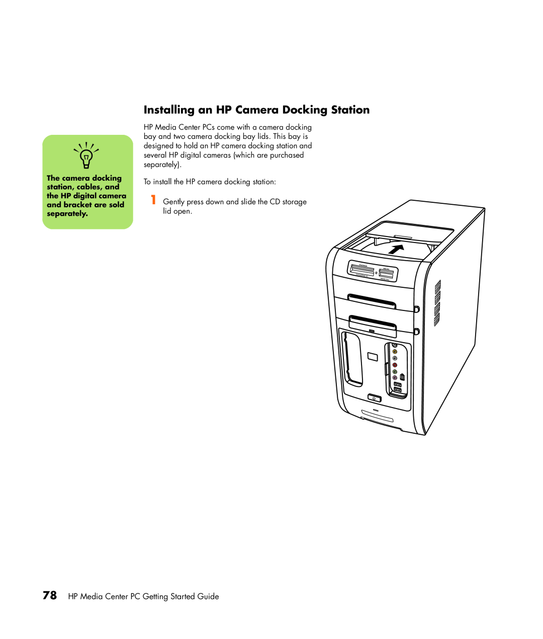 HP m1050e (PU061AV), m1299a, m1297c manual Installing an HP Camera Docking Station, HP Media Center PC Getting Started Guide 