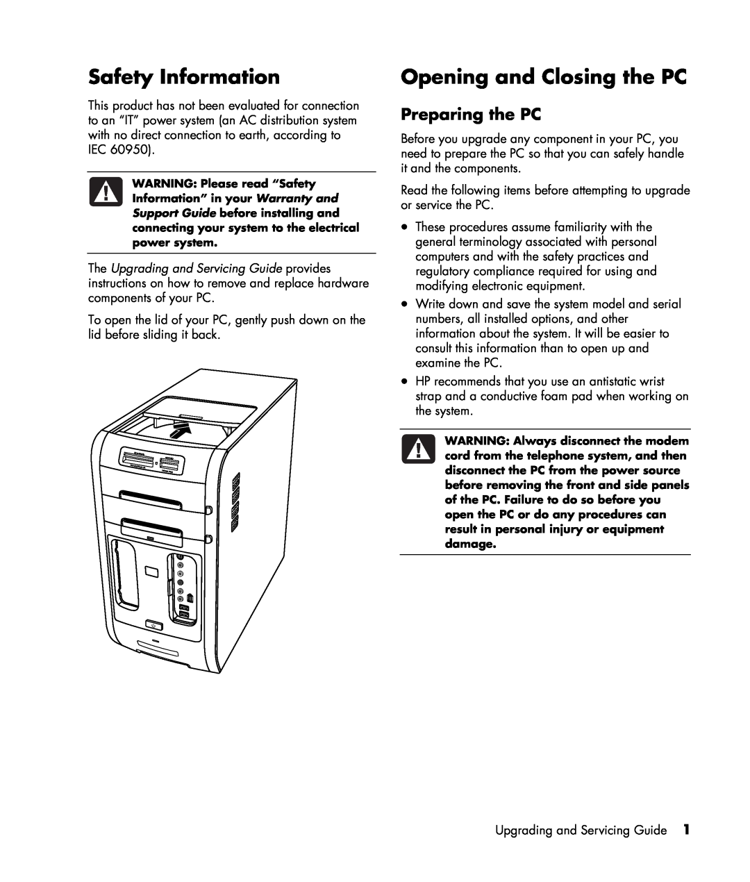 HP m1297c, m1299a, m1050y (PJ720AV), m1050e (PU061AV) manual Safety Information, Opening and Closing the PC, Preparing the PC 