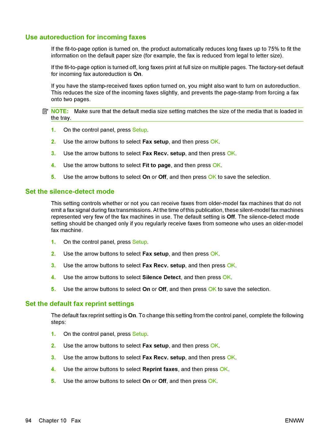 HP M1300 manual Use autoreduction for incoming faxes, Set the silence-detect mode, Set the default fax reprint settings 