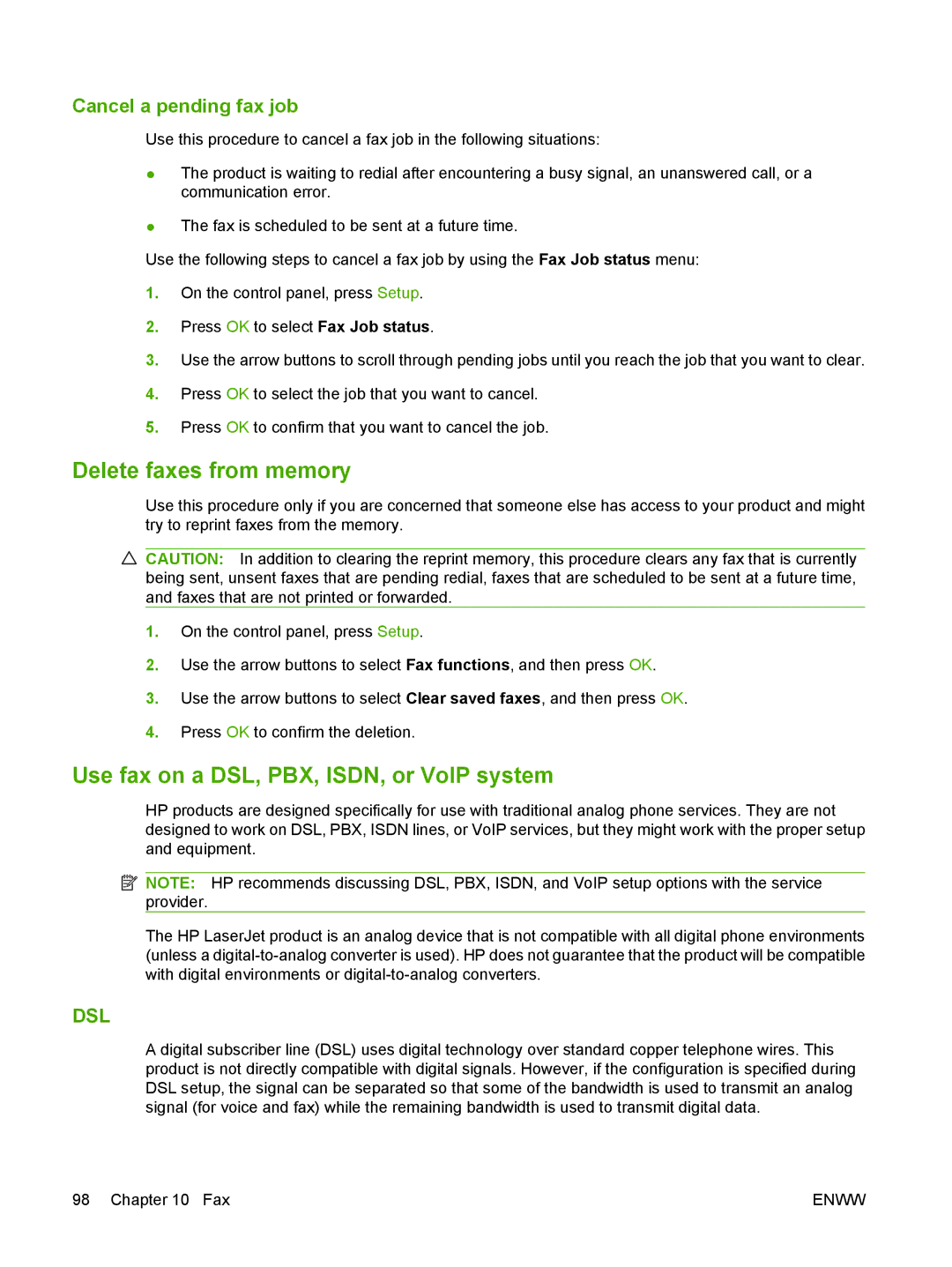 HP M1300 manual Delete faxes from memory, Use fax on a DSL, PBX, ISDN, or VoIP system, Cancel a pending fax job 