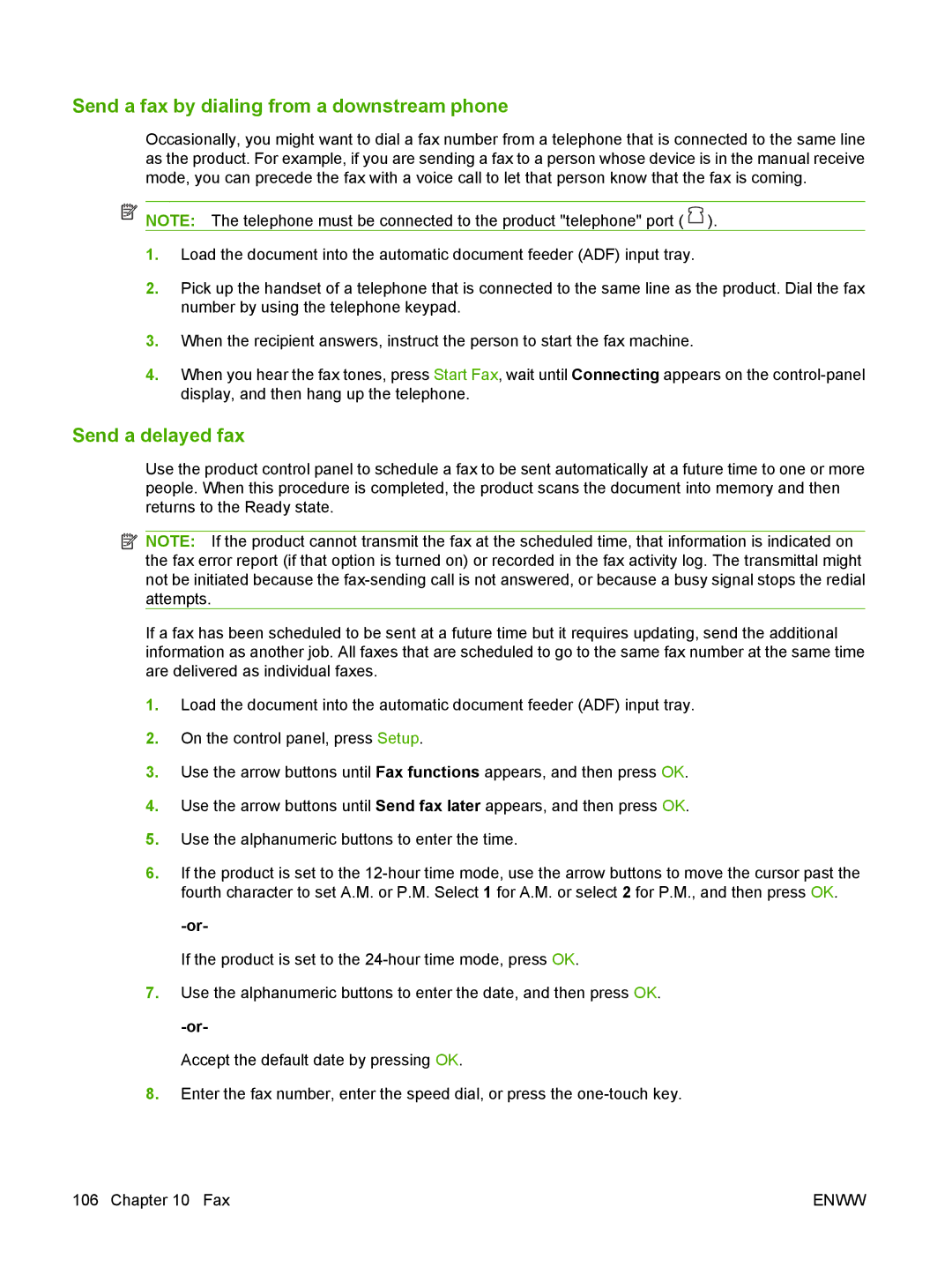 HP M1300 manual Send a fax by dialing from a downstream phone, Send a delayed fax 