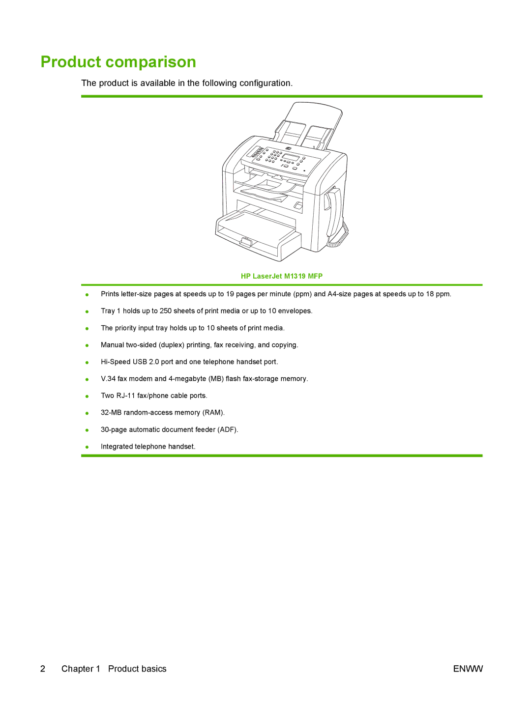 HP M1300 manual Product comparison, HP LaserJet M1319 MFP 