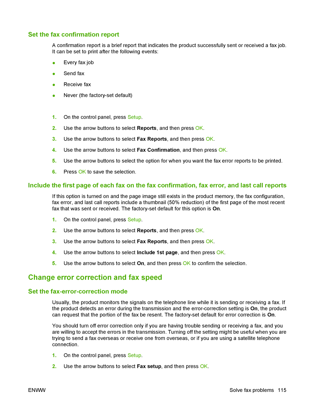 HP M1300 manual Change error correction and fax speed, Set the fax confirmation report, Set the fax-error-correction mode 