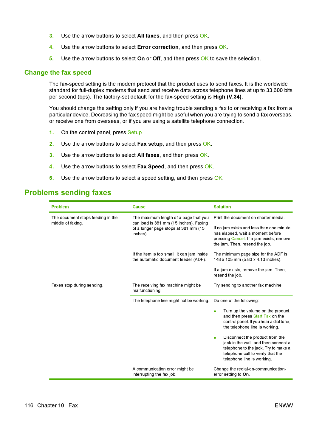 HP M1300 manual Problems sending faxes, Change the fax speed, Problem Cause Solution 