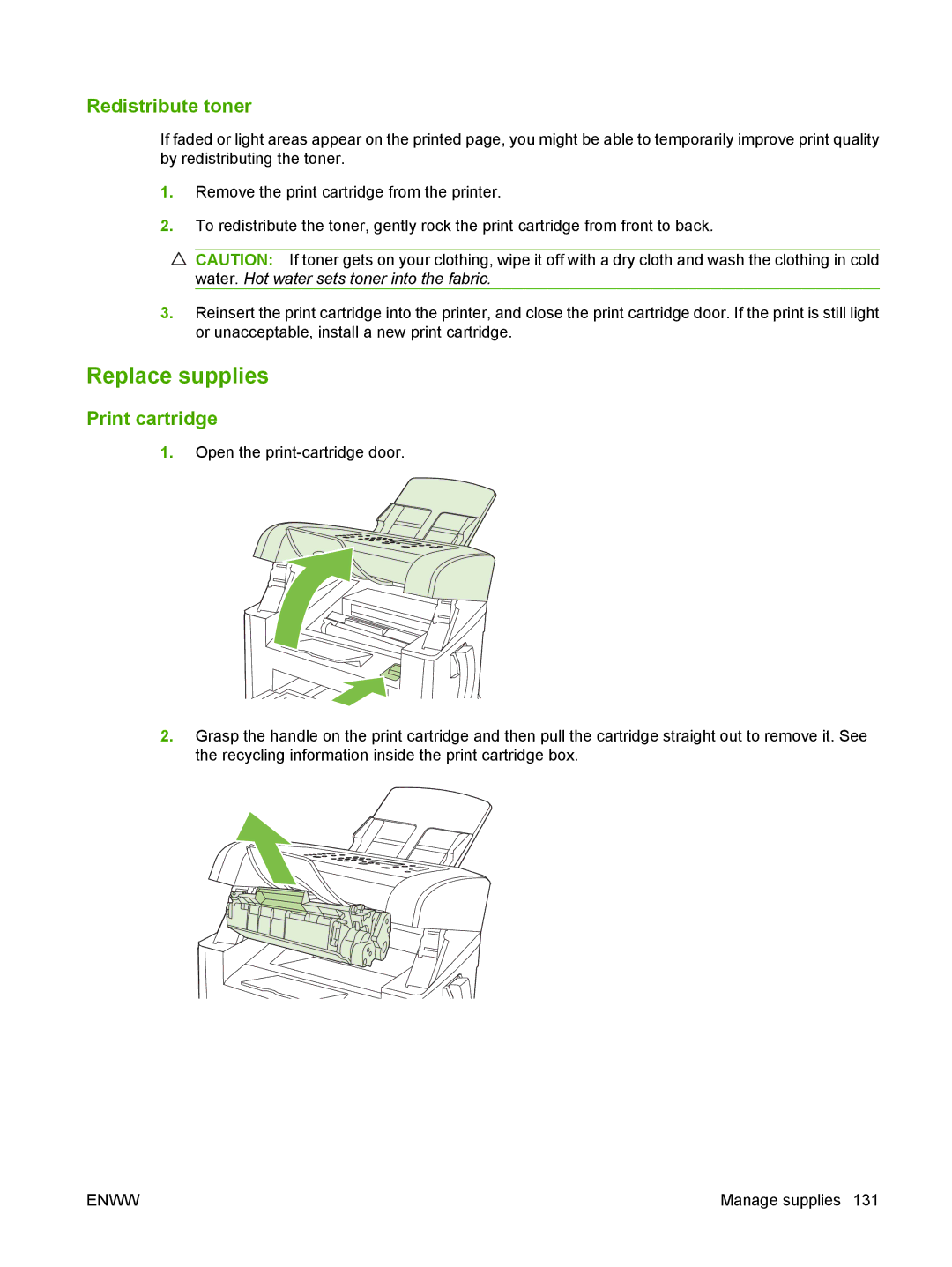 HP M1300 manual Replace supplies, Redistribute toner, Print cartridge 