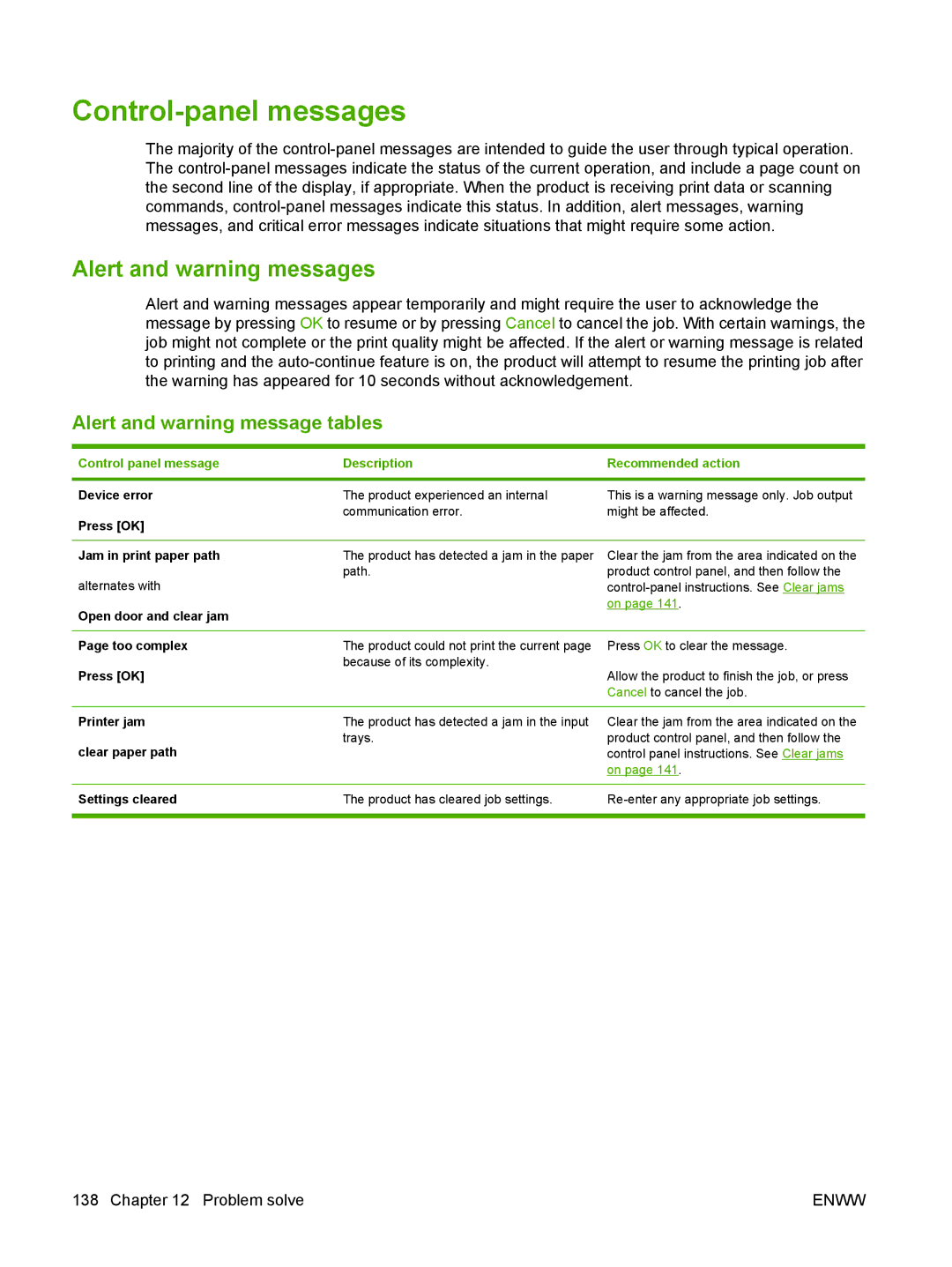 HP M1300 manual Control-panel messages, Alert and warning messages 