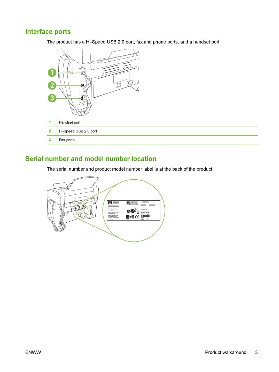 HP M1300 manual Interface ports, Serial number and model number location 