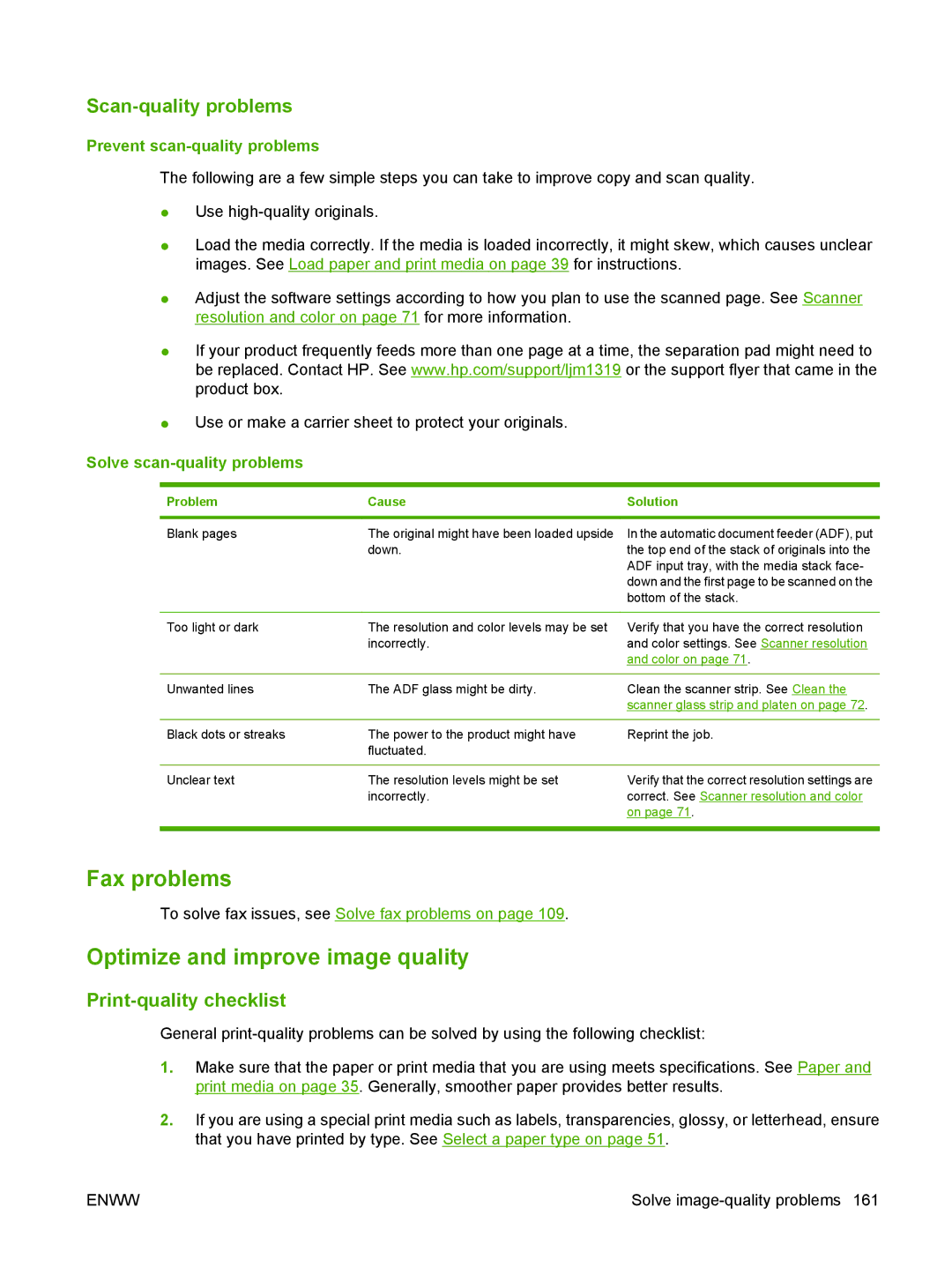 HP M1300 manual Fax problems, Optimize and improve image quality, Scan-quality problems, Print-quality checklist 