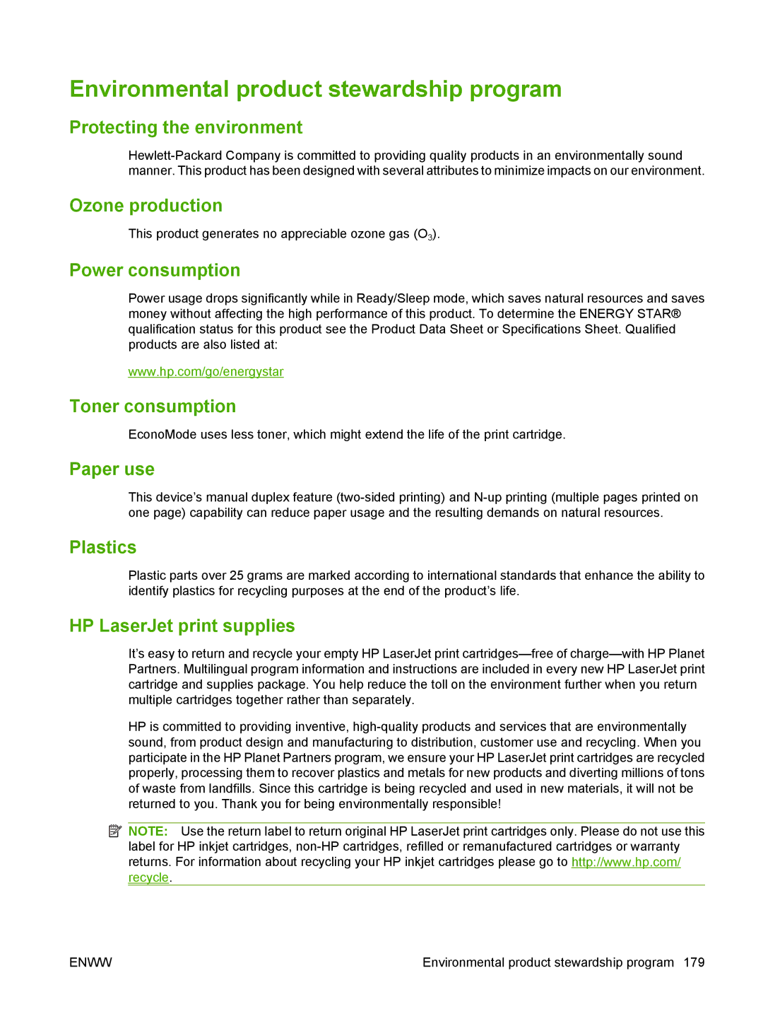 HP M1300 manual Environmental product stewardship program 