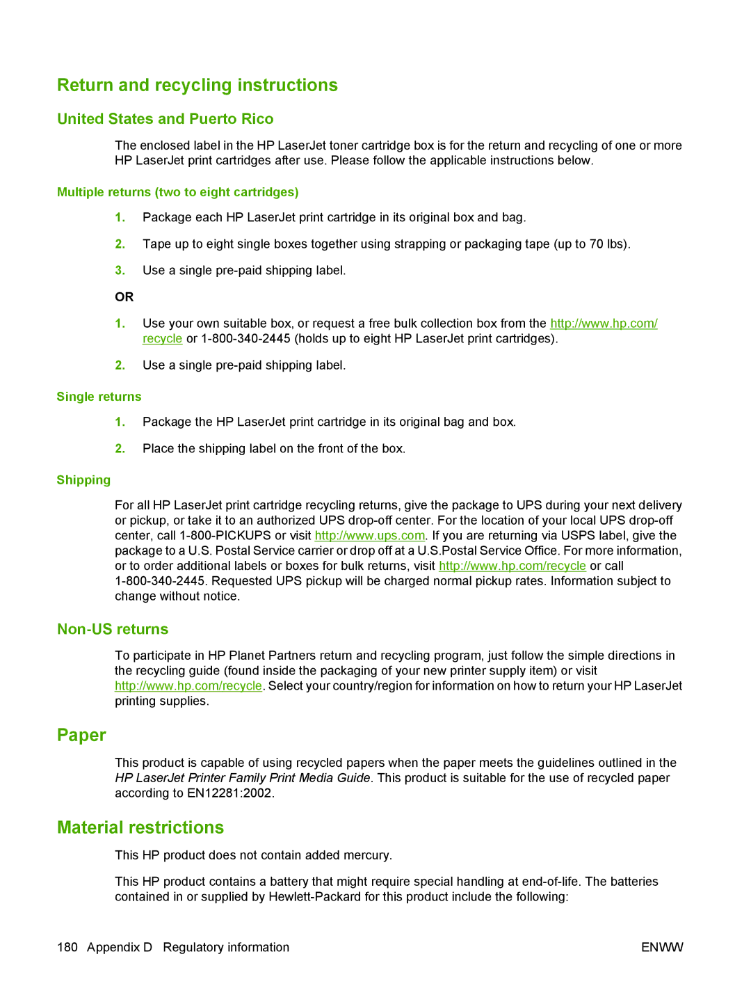 HP M1300 Return and recycling instructions, Paper, Material restrictions, United States and Puerto Rico, Non-US returns 