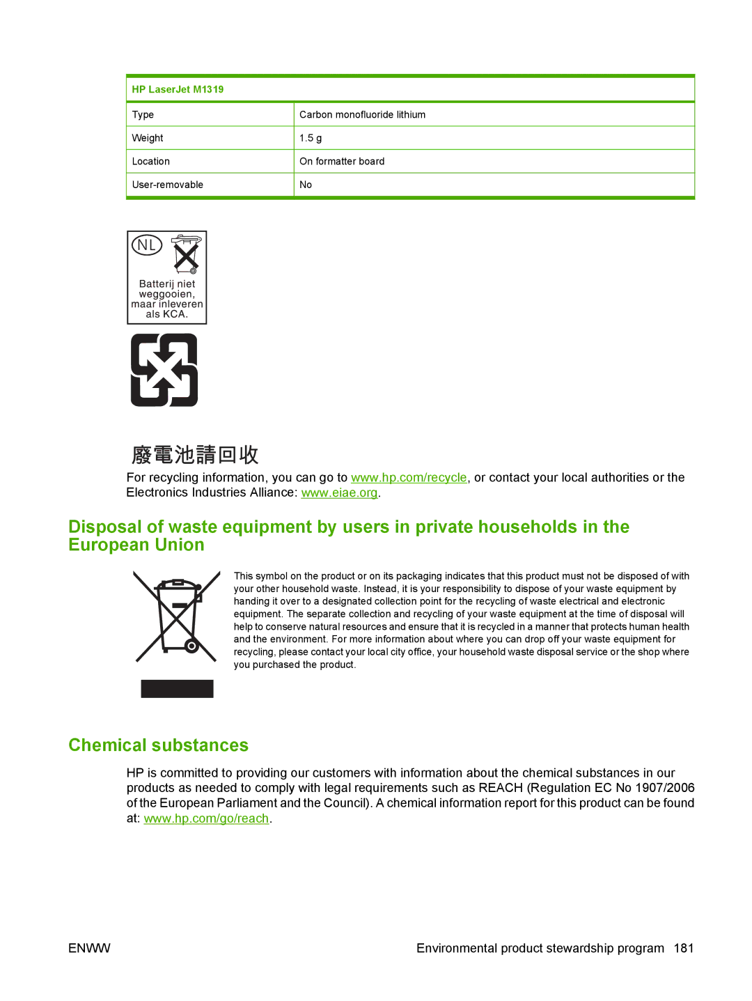 HP M1300 manual Chemical substances, HP LaserJet M1319 