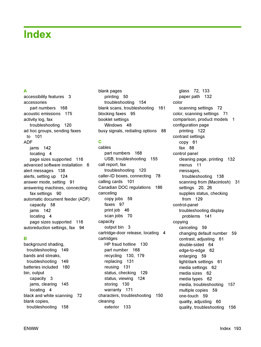 HP M1300 manual Index, Adf 