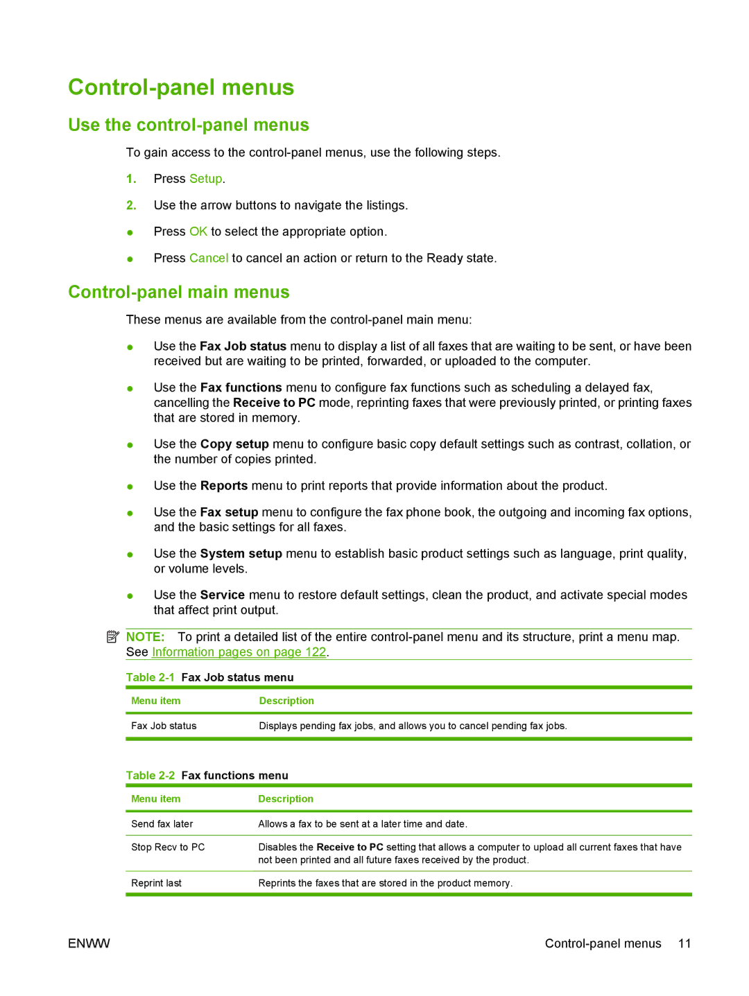 HP M1300 manual Control-panel menus, Use the control-panel menus, Control-panel main menus, Menu item Description 