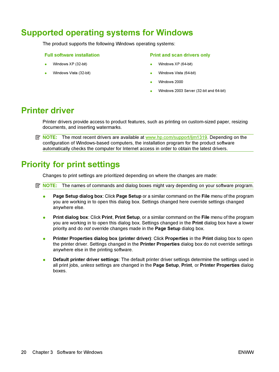 HP M1300 manual Supported operating systems for Windows, Printer driver, Priority for print settings 