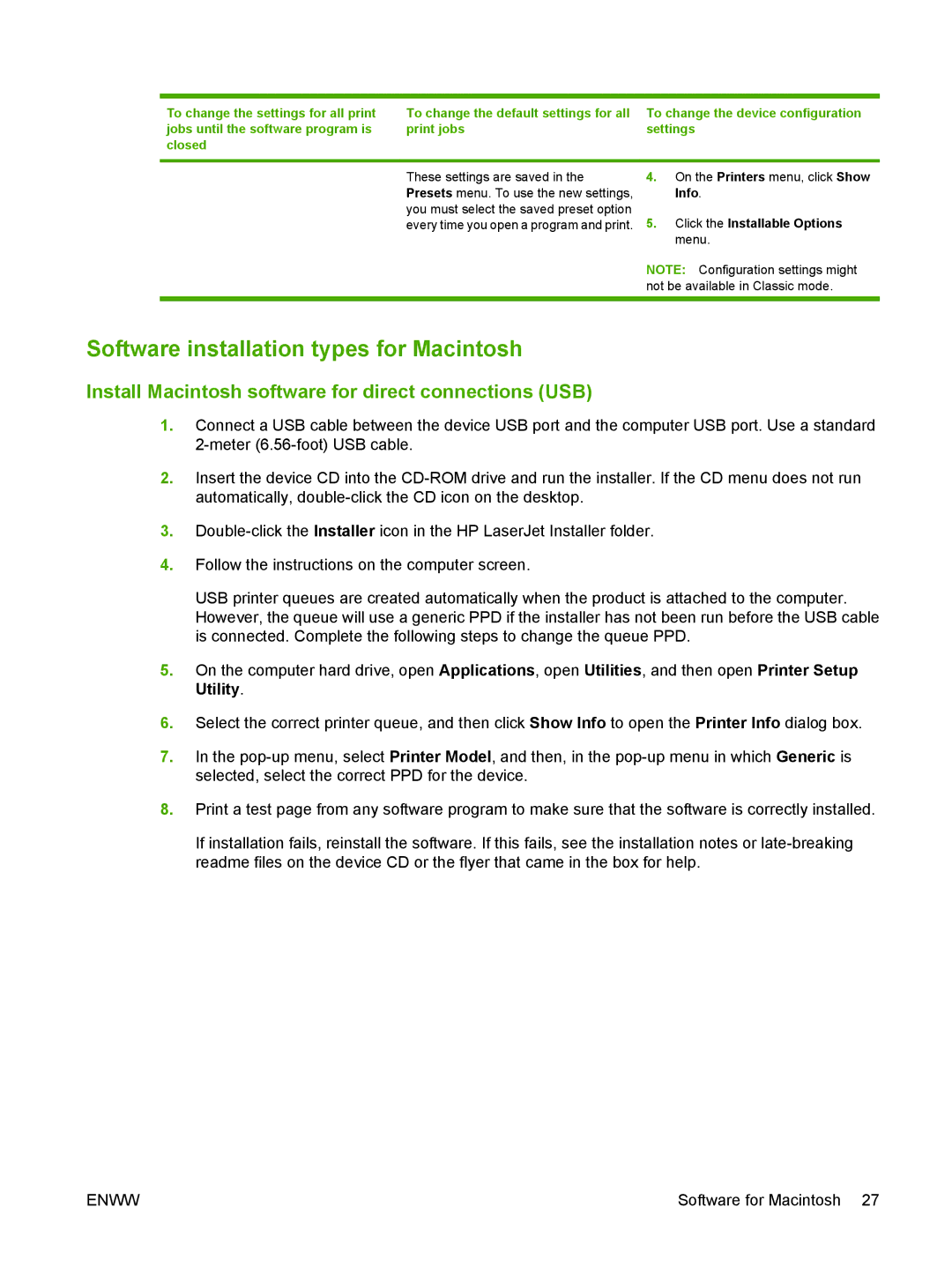 HP M1300 manual Software installation types for Macintosh, Install Macintosh software for direct connections USB 