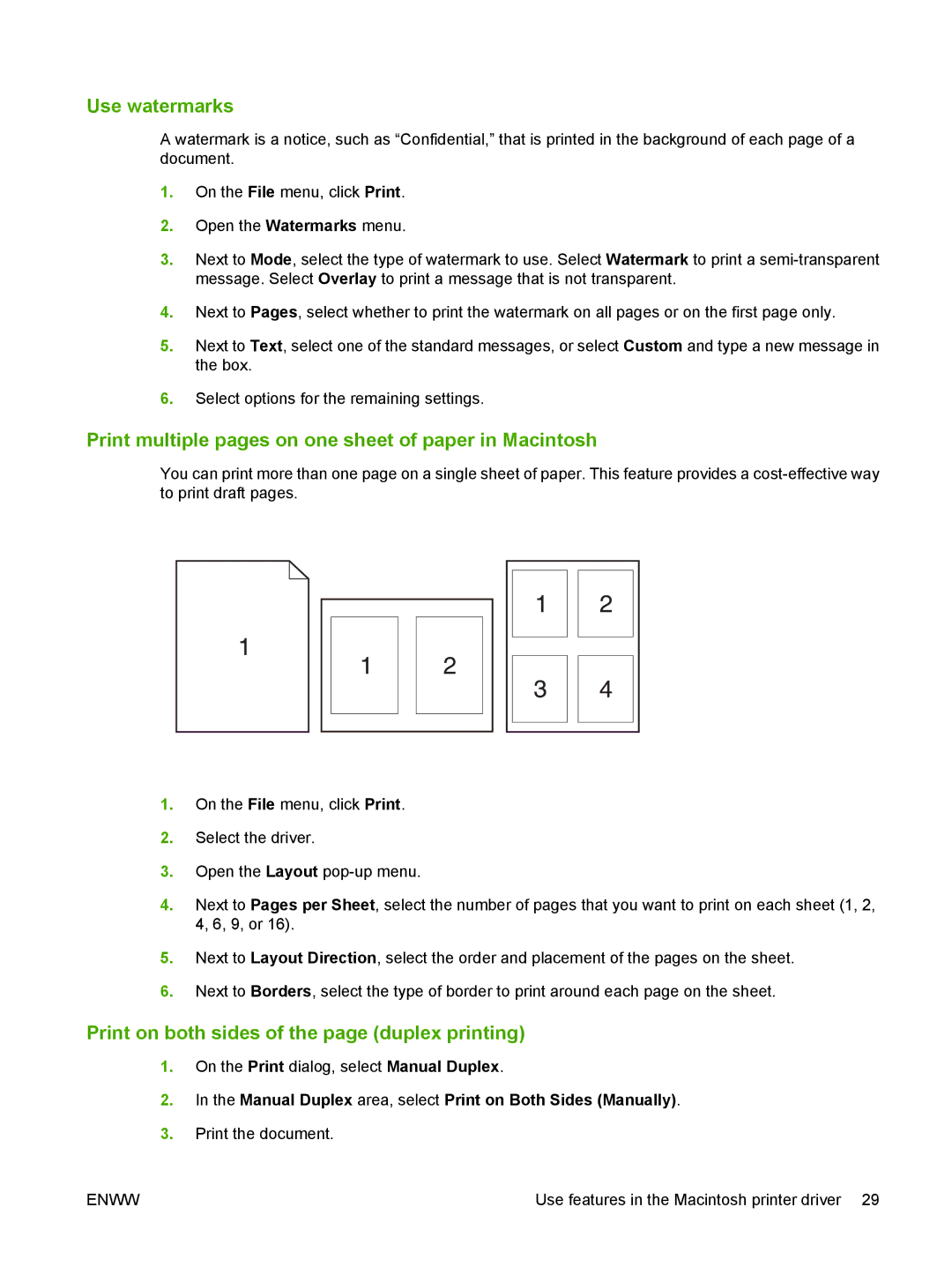 HP M1300 manual Use watermarks, Print multiple pages on one sheet of paper in Macintosh 