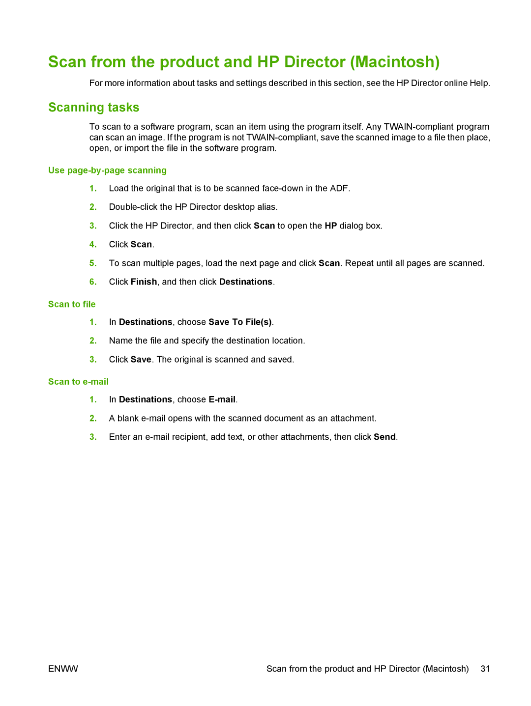 HP M1300 manual Scan from the product and HP Director Macintosh, Scanning tasks, Use page-by-page scanning, Scan to file 