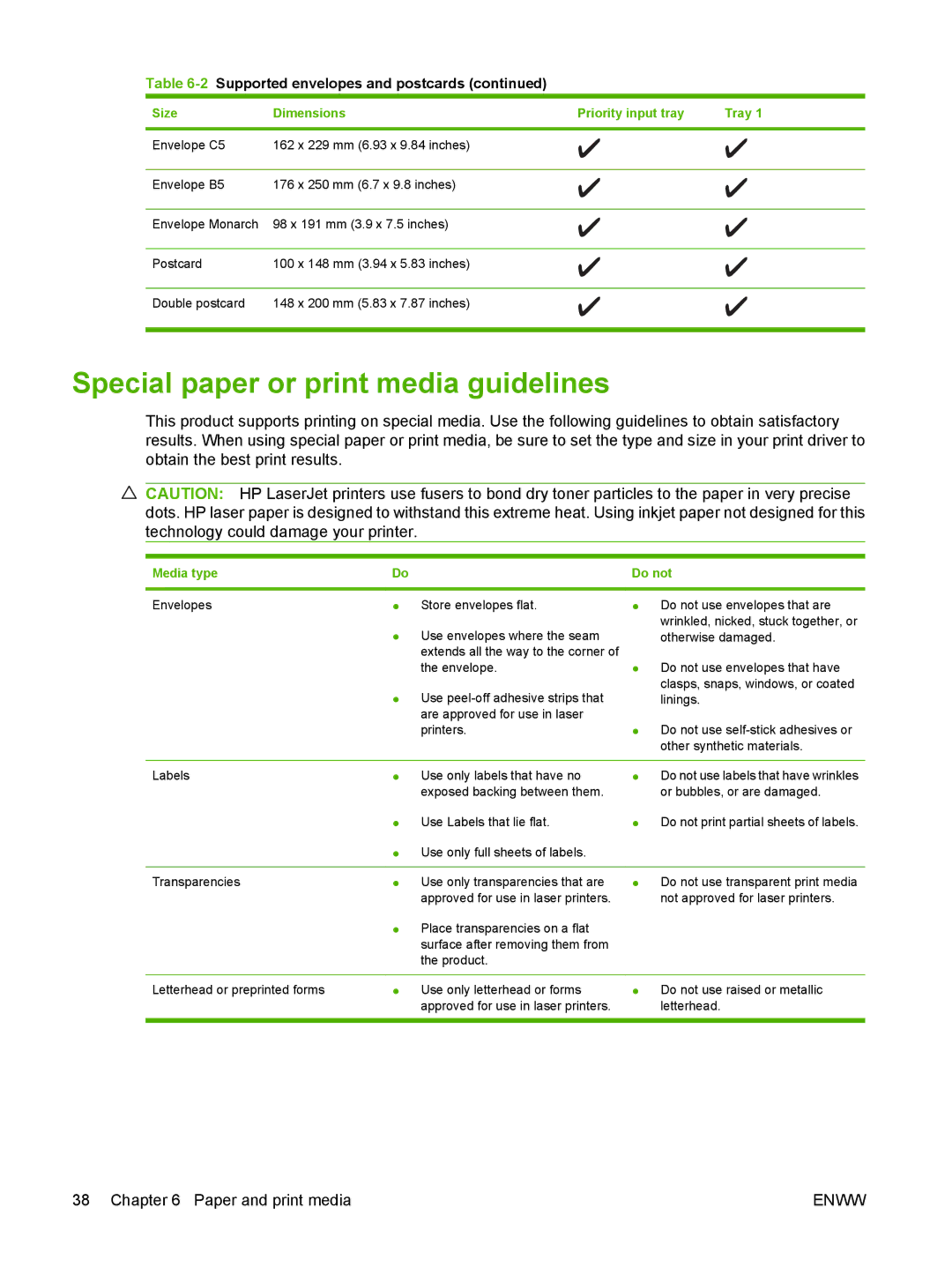 HP M1300 manual Special paper or print media guidelines, Media type 