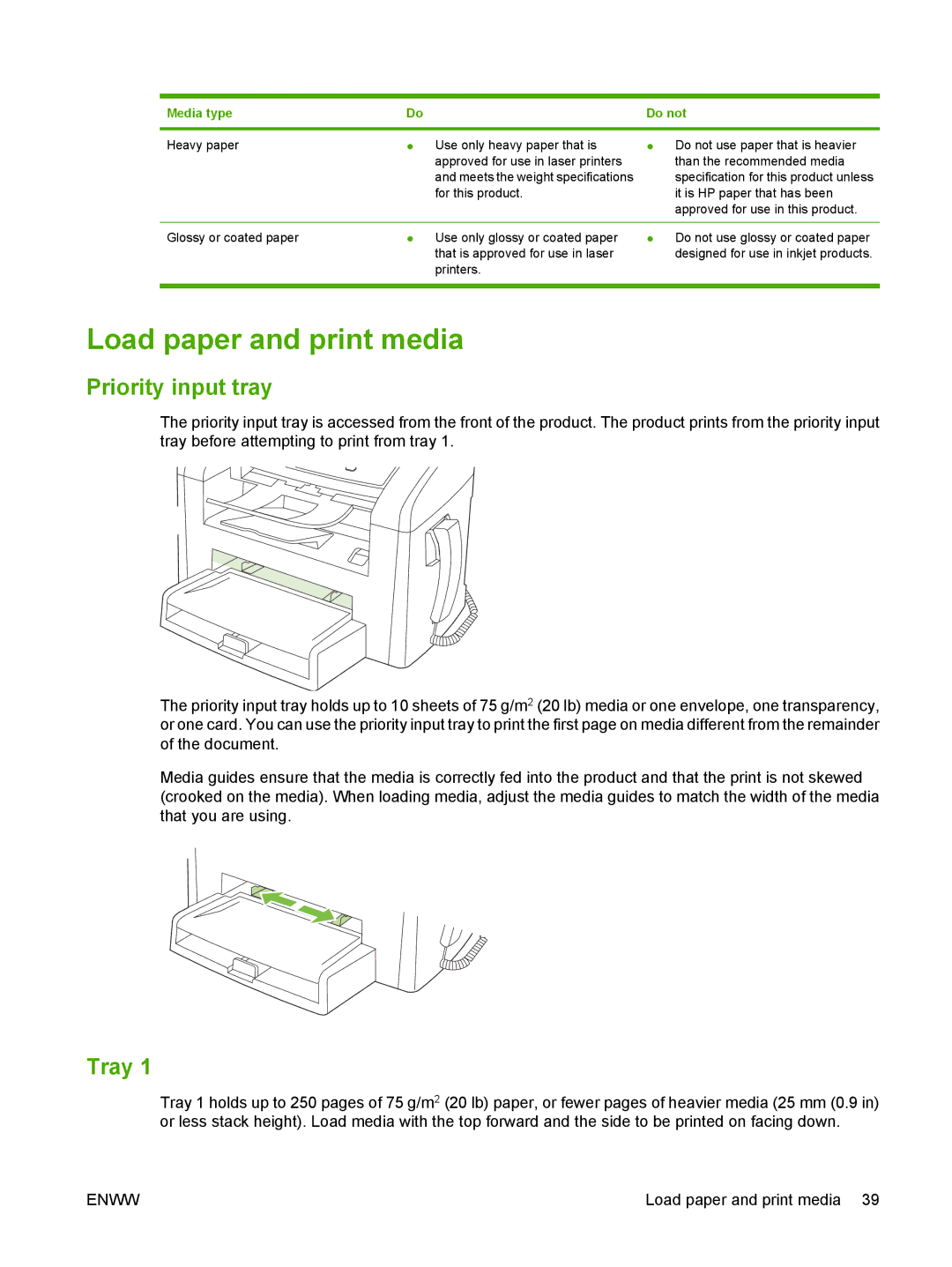 HP M1300 manual Load paper and print media, Priority input tray, Tray, Media type Do not 