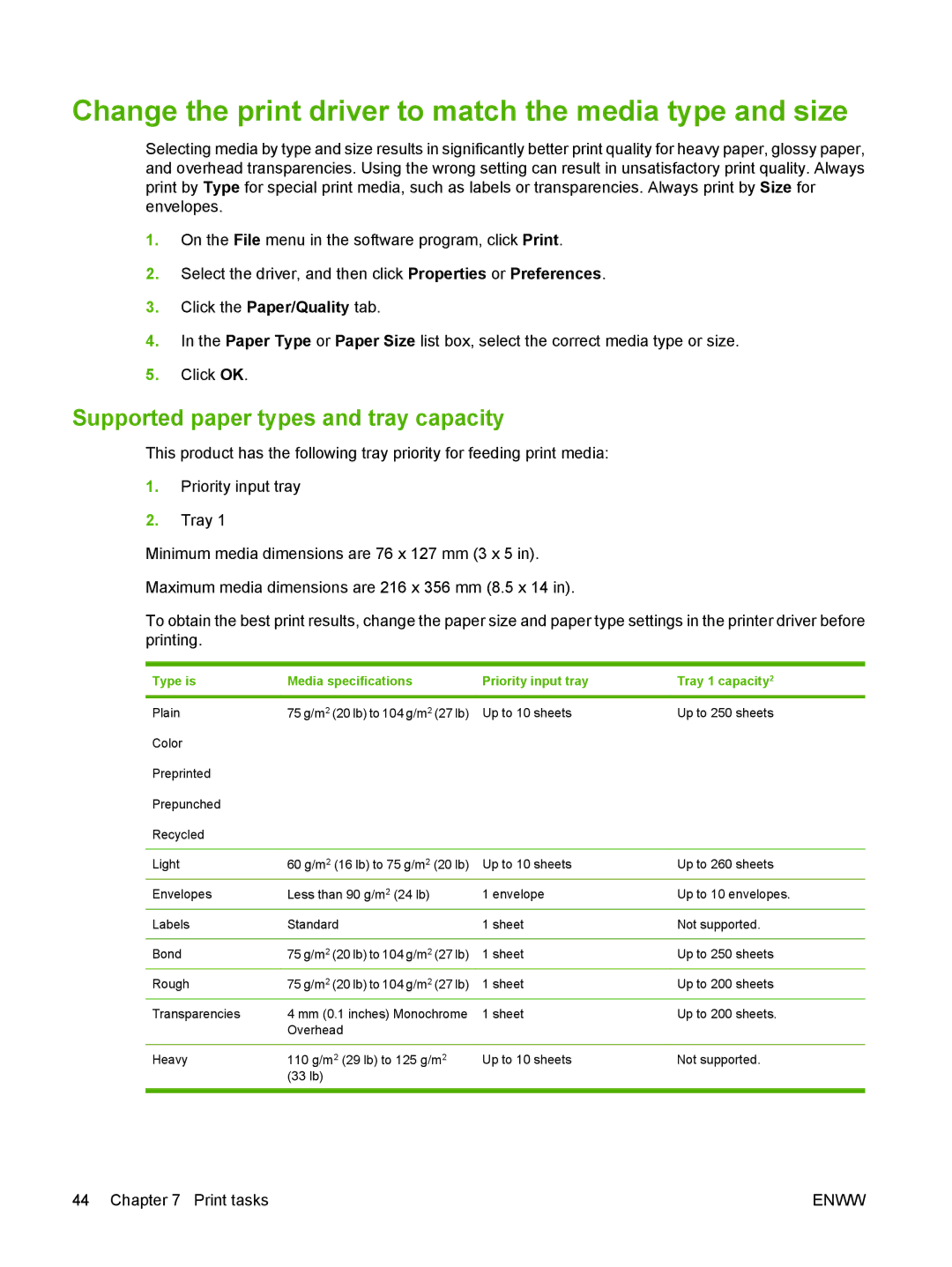 HP M1300 manual Change the print driver to match the media type and size, Supported paper types and tray capacity 